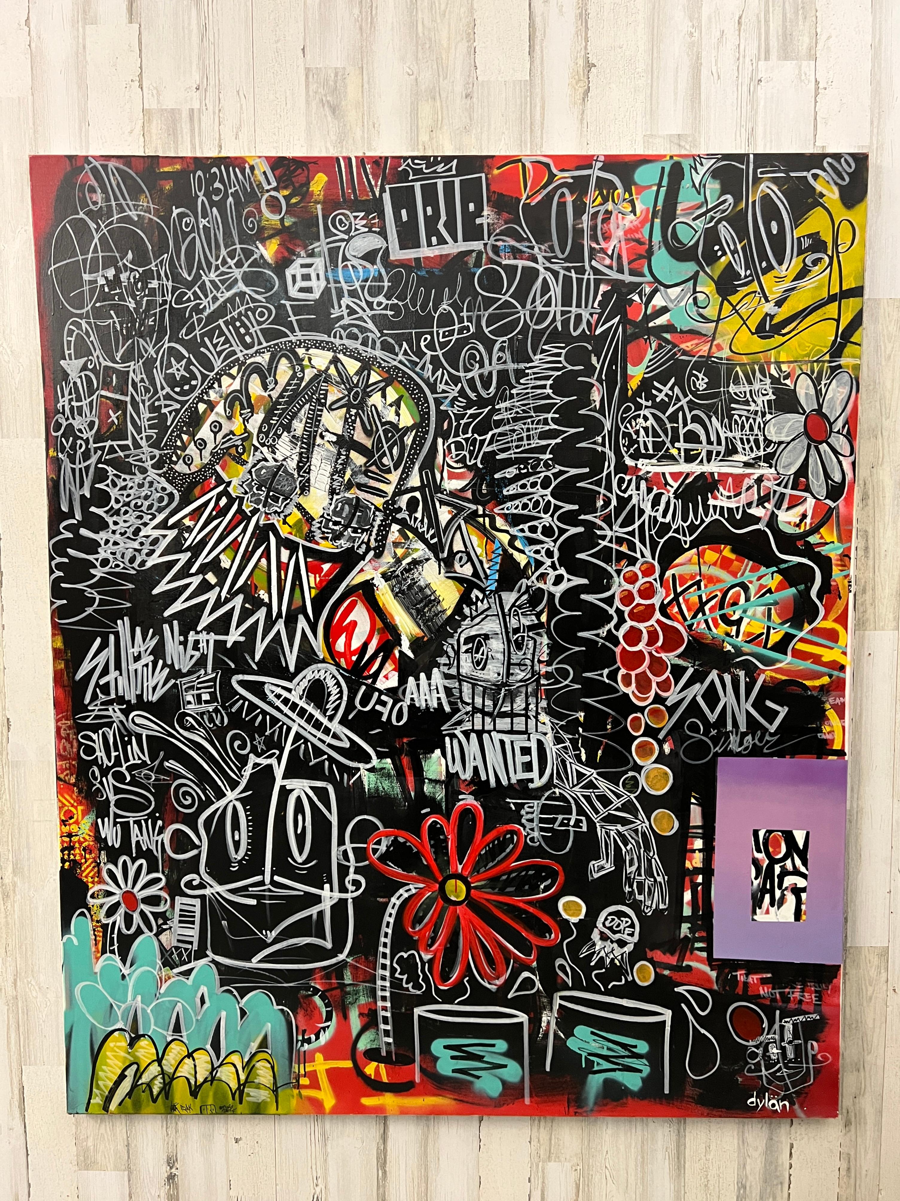 A mixed media of acrylic paint applied by hand with acrylic spray paint and alcohol ink on a wood framed canvas. Inspired by the great Graffiti artist of modern history Dylans bold 