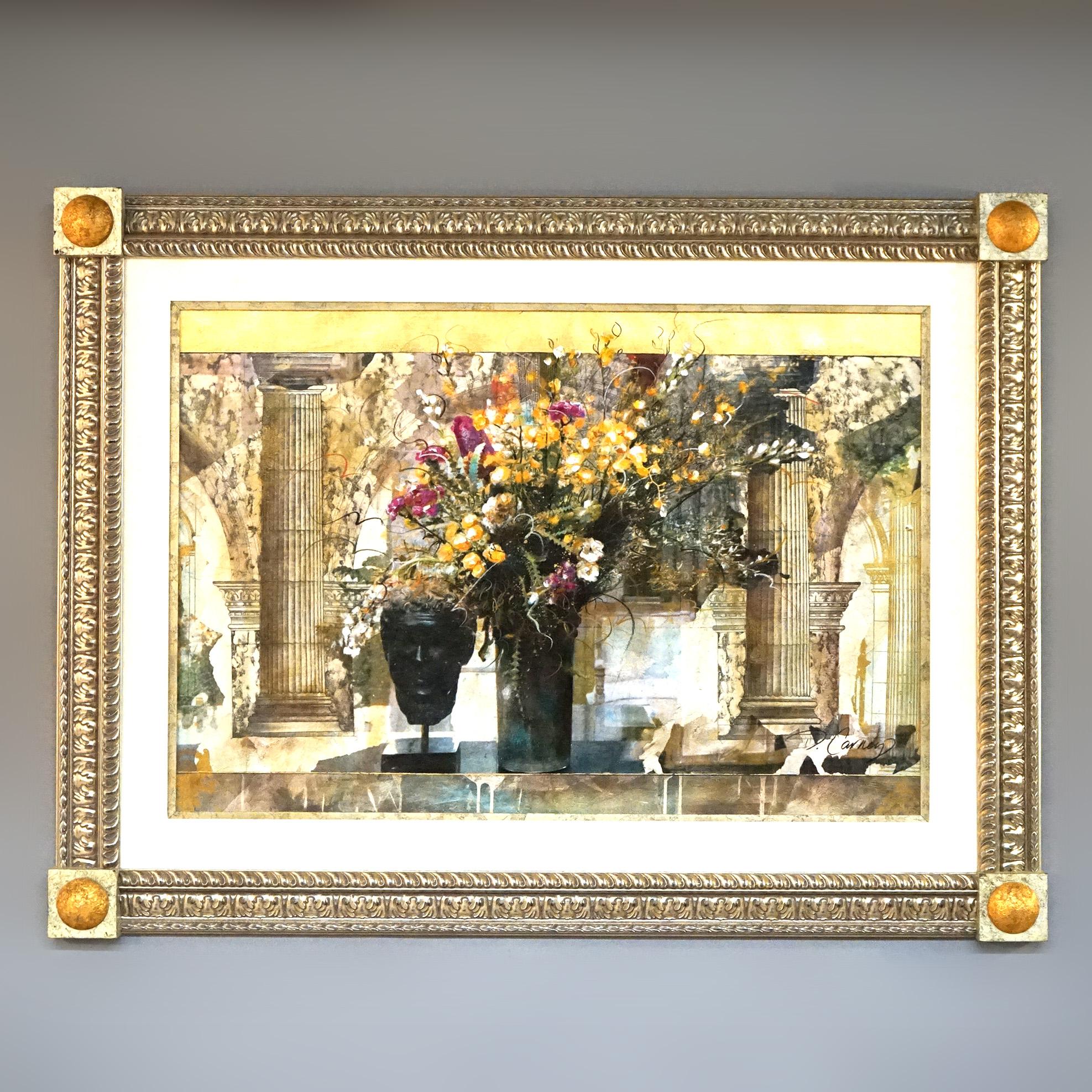 A large Grecian interior print with floral and architectural elements, framed, 20th century 

Measures - 43.5