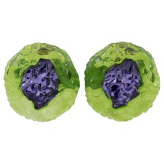 Oversized Green and Purple Rock Lucite Clip Earrings