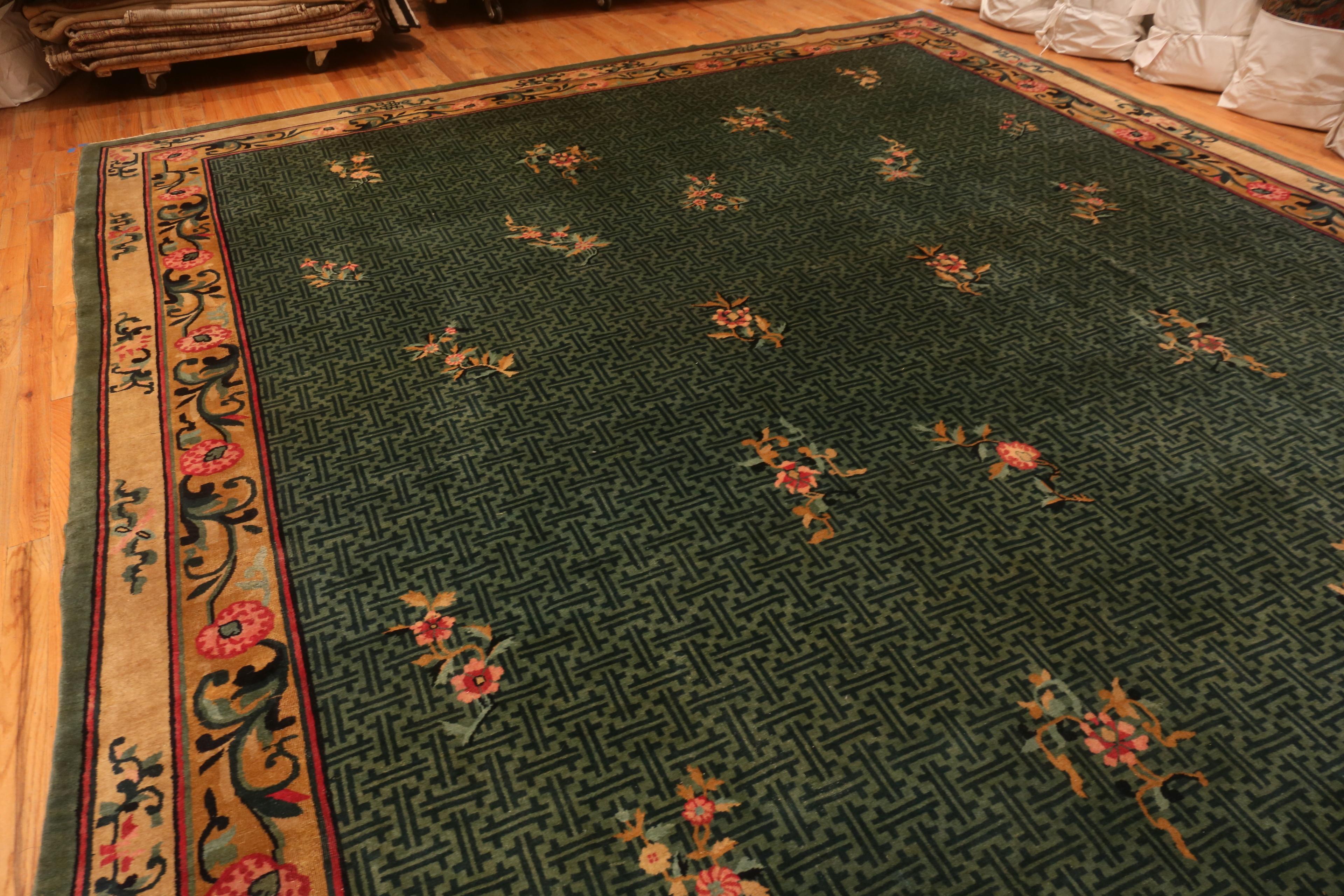 A breathtaking Oversized Green Background Antique Chinese Rug, country of origin / rug type: Chinese rug, Circa date: 1920. Size: 14 ft x 21 ft 6 in (4.27 m x 6.55 m)