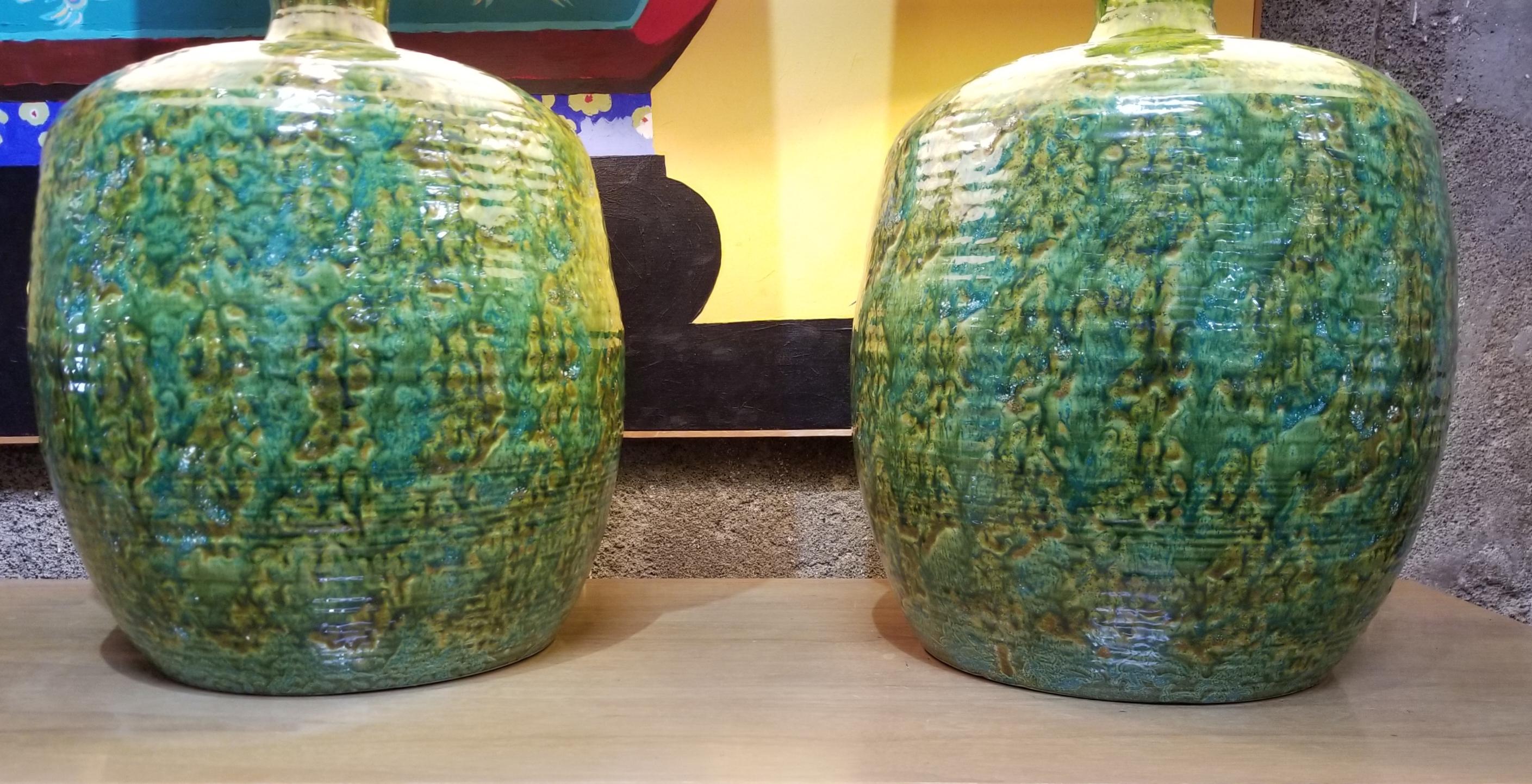 Oversized Green Ceramic Table Lamps In Good Condition In Fulton, CA