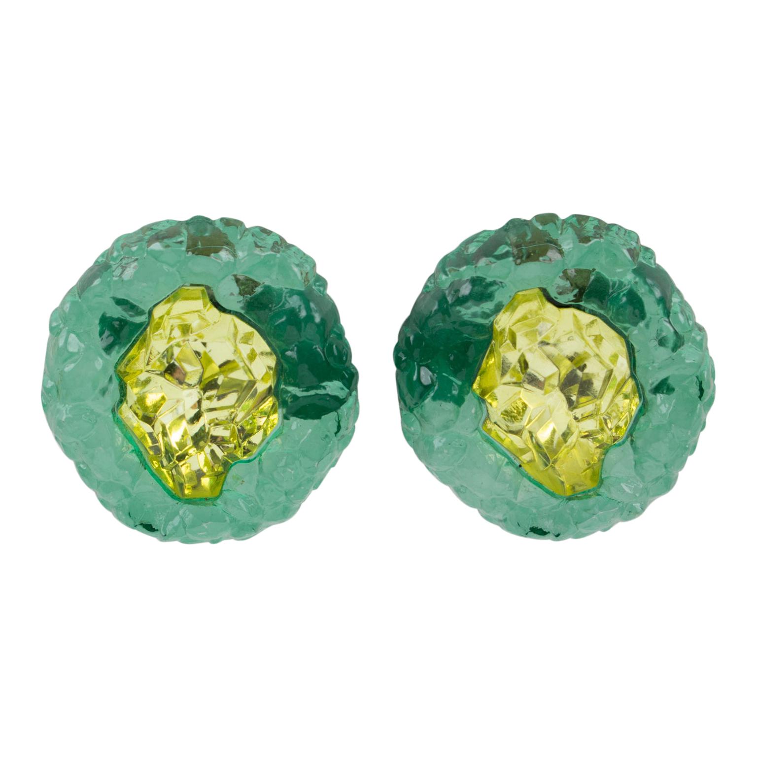 Oversized Green Yellow Rock Lucite Clip Earrings