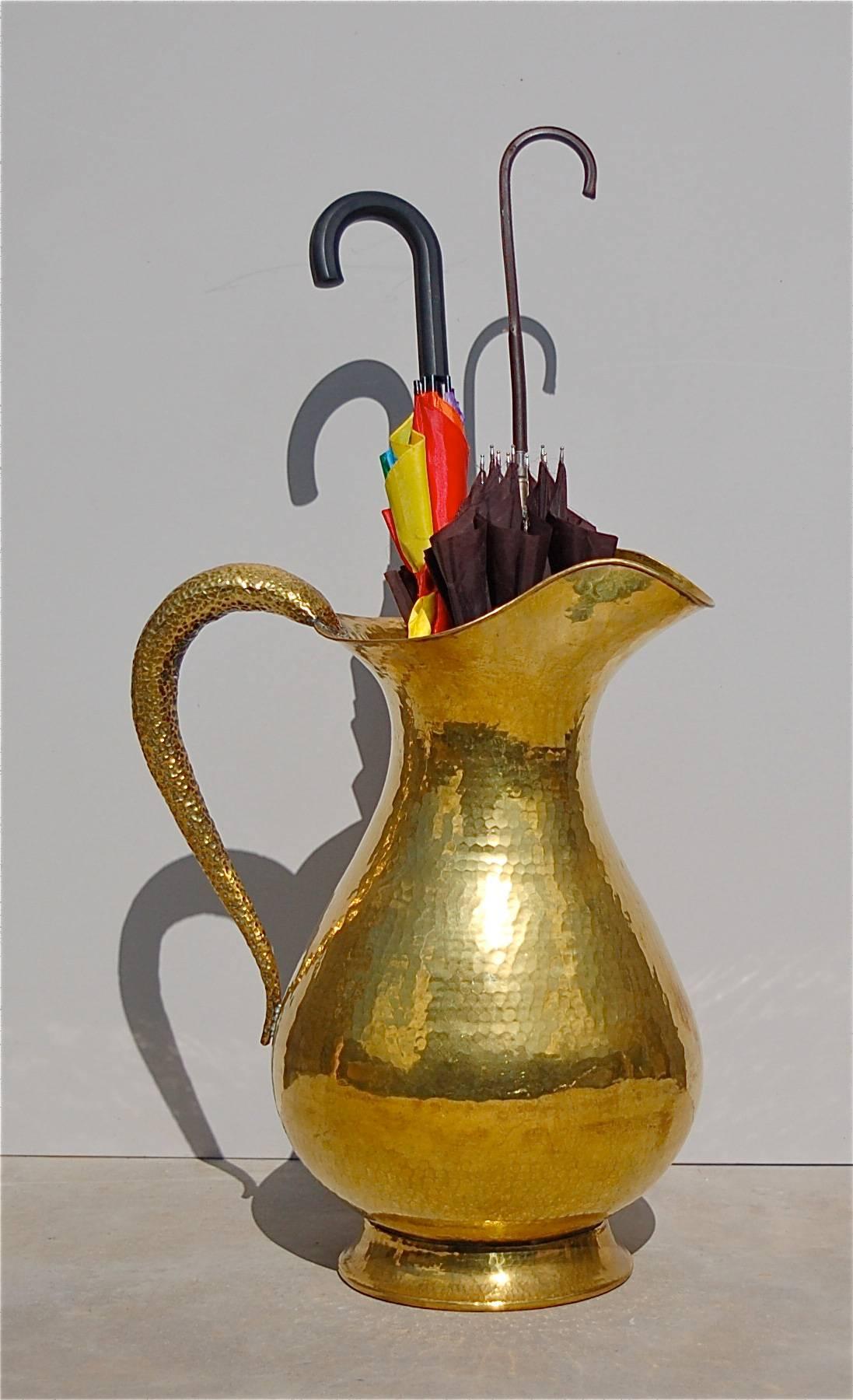 Country Oversized Hammered Brass Vase or Umbrella Stand in Shape of Jug, Italy, 1950s For Sale