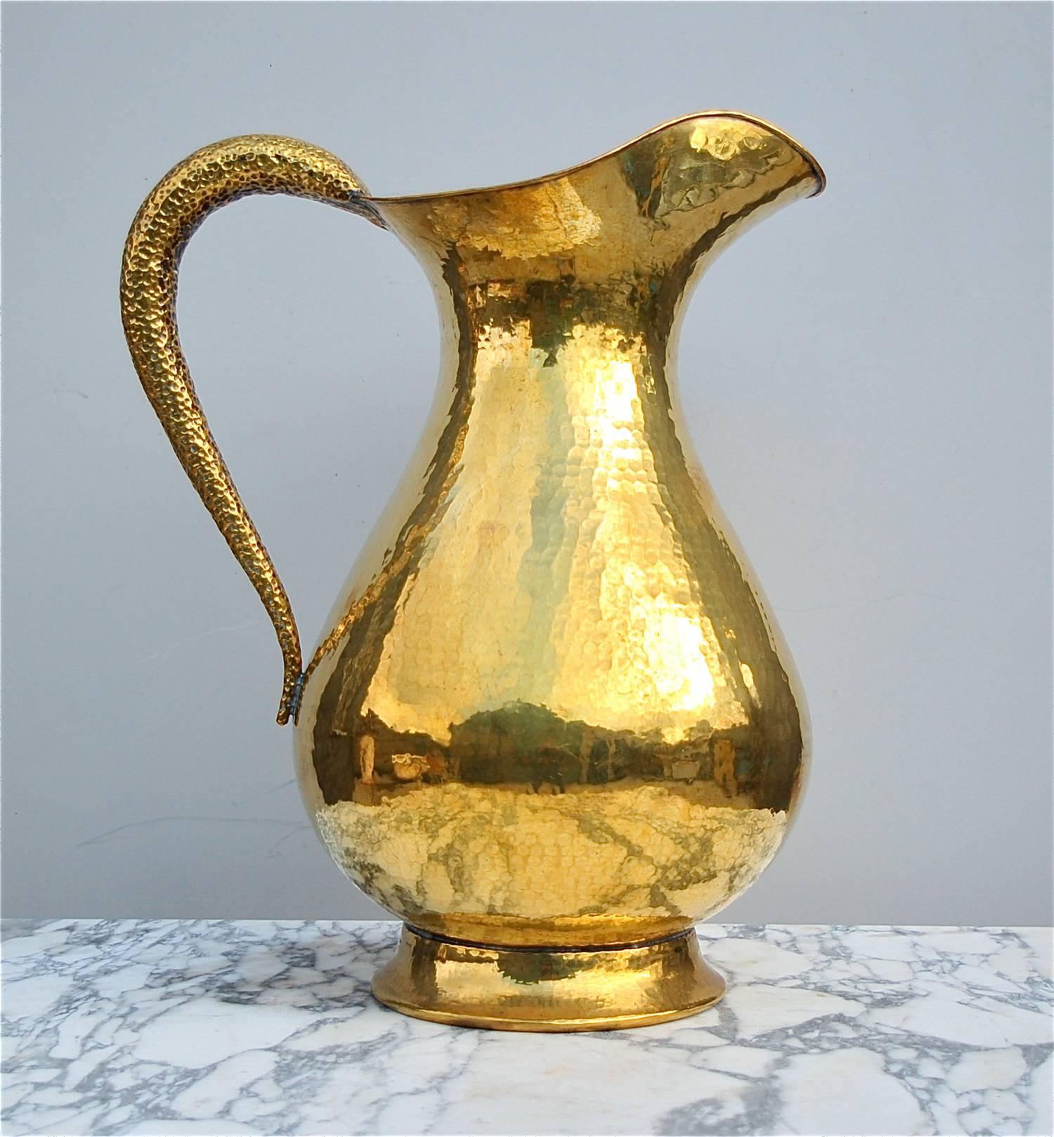 Italian Oversized Hammered Brass Vase or Umbrella Stand in Shape of Jug, Italy, 1950s For Sale