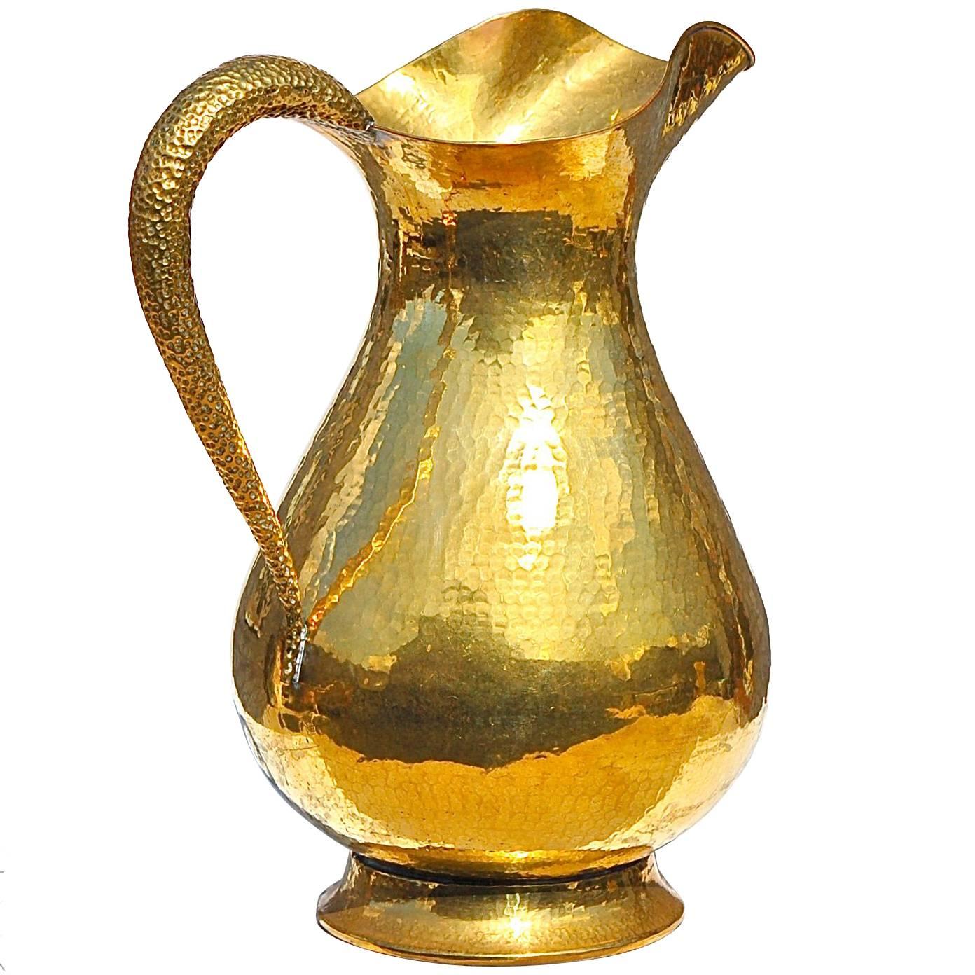 Oversized Hammered Brass Vase or Umbrella Stand in Shape of Jug, Italy, 1950s For Sale
