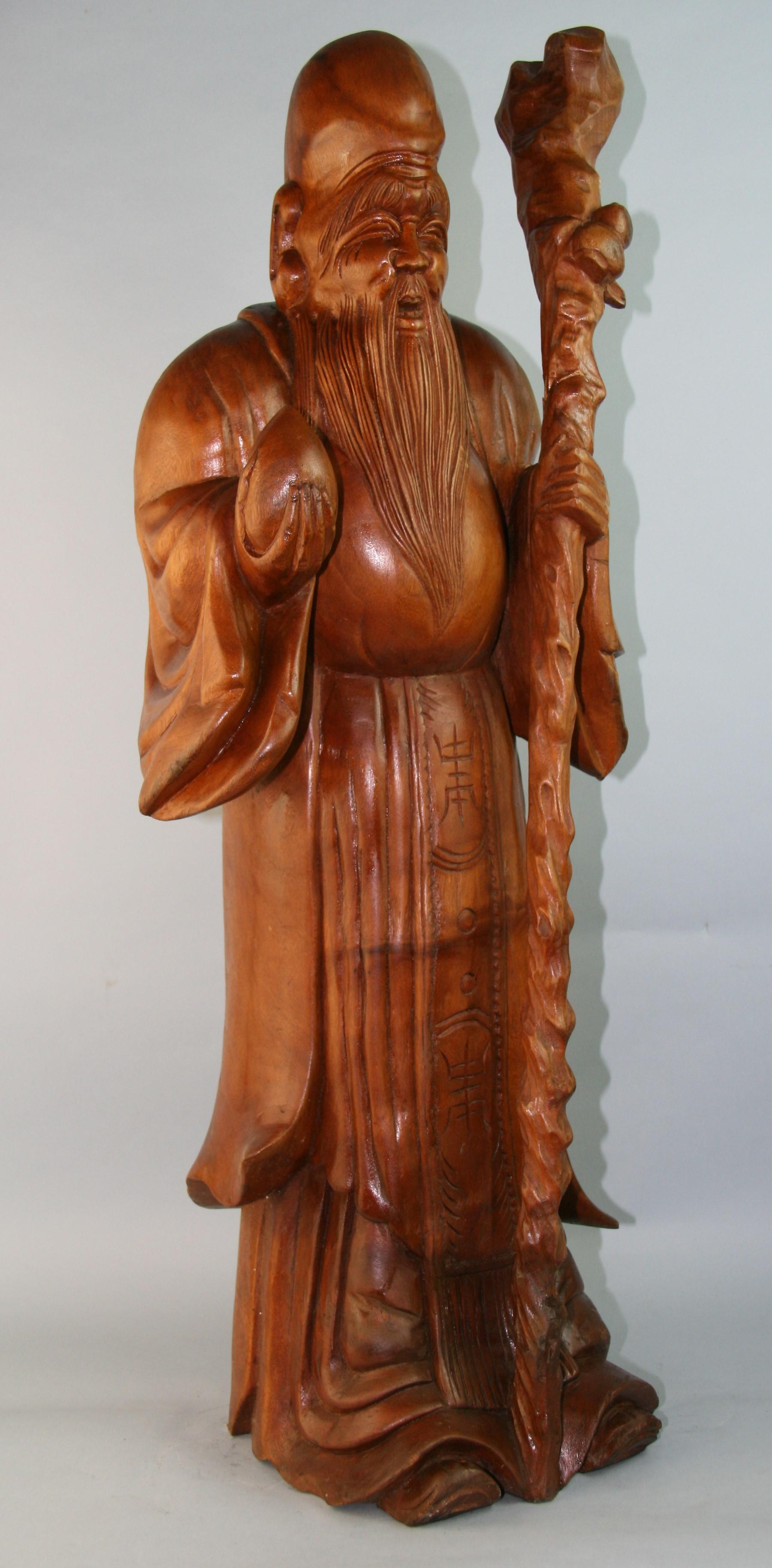 1157 Statue surdimensionnée, sculptée à la main, d'Okimono de Jurojin (dieu de la longévité)
un symbole de longue vie sculpté dans un bloc de buis massif.
