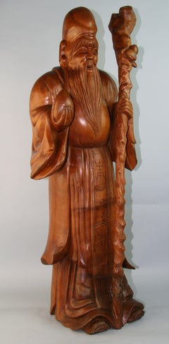 Japanese Oversized Wise Buddha Hand Carved Boxwood Sculpture Early 20th Century