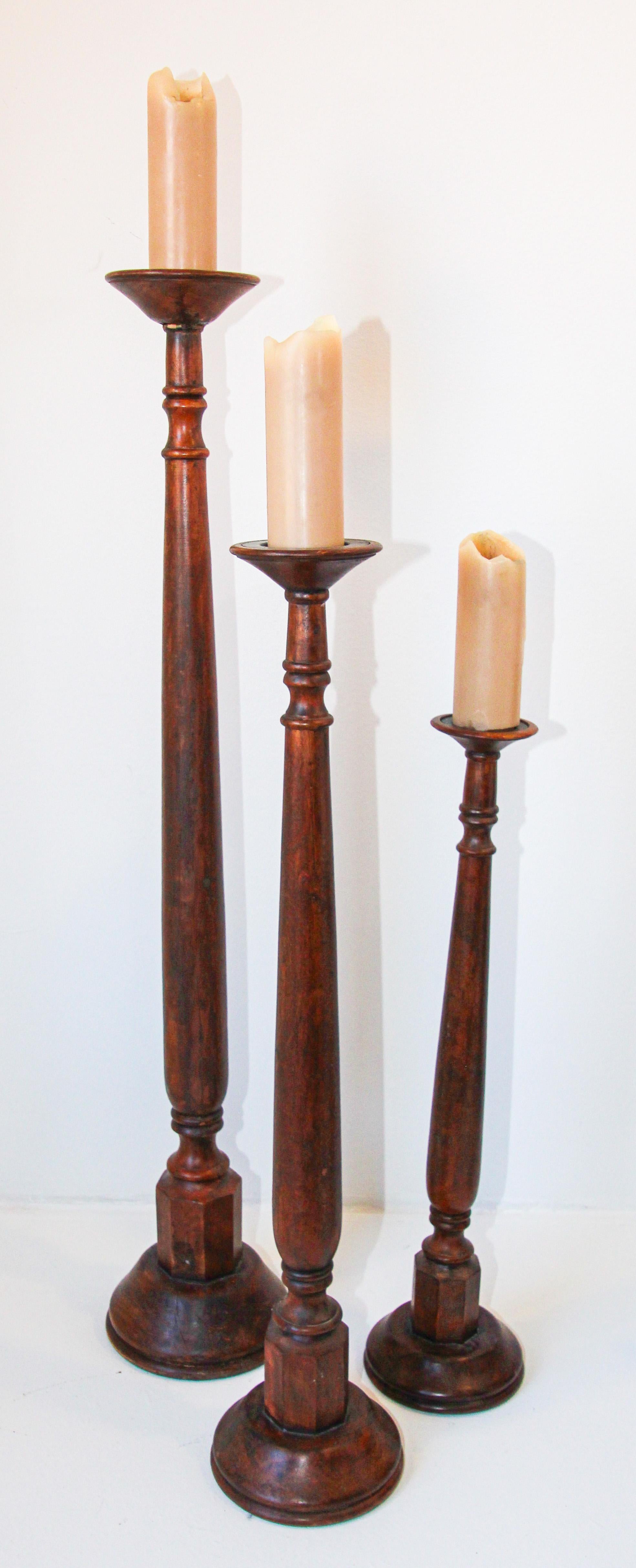 Oversized Hand Carved Wood Floor Pillar Holder Set of Three India For Sale 1