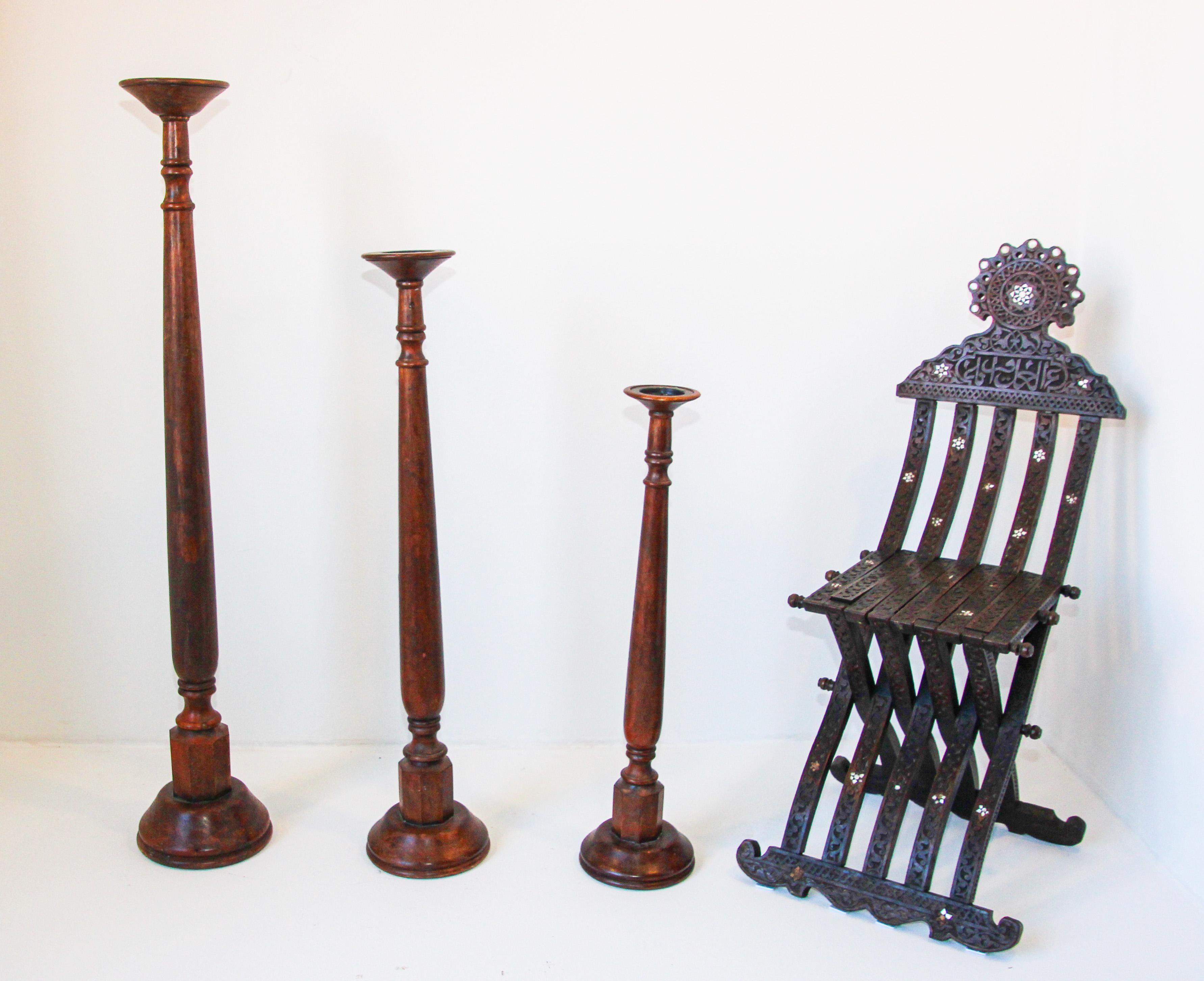 Oversized Hand Carved Wood Floor Pillar Holder Set of Three India For Sale 2