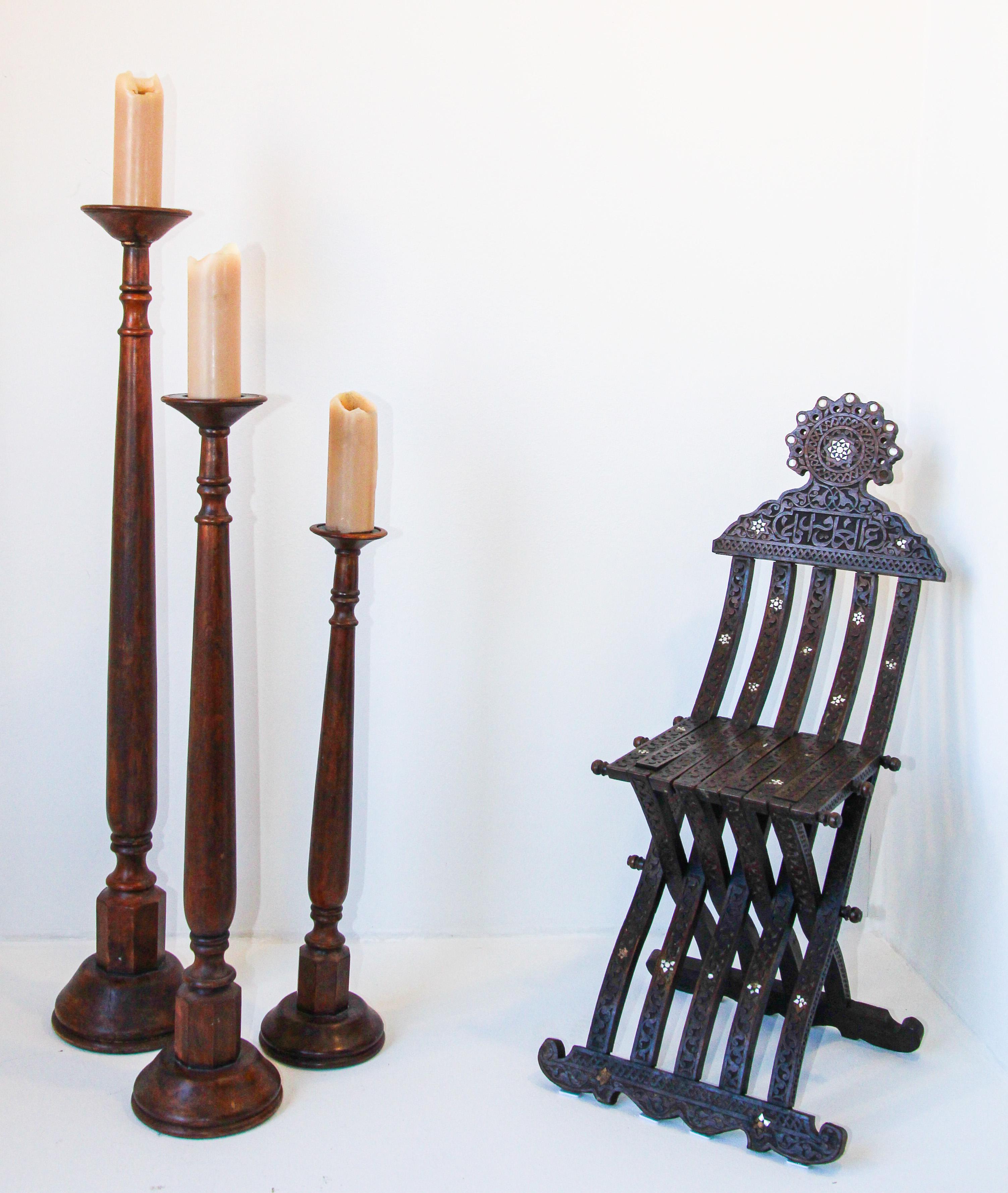 Oversized Hand Carved Wood Floor Pillar Holder Set of Three India For Sale 3