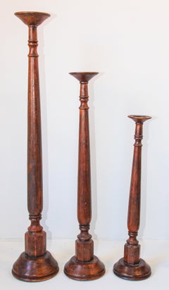 Oversized Hand Carved Wood Floor Pillar Holder Set of Three India