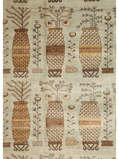 Oversized Hand-Knotted Wool and Silk Botanical Vase Rug, Brown & Ivory 11' x 15'