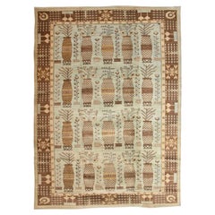 Oversized Hand-Knotted Wool and Silk Botanical Vase Rug, Brown & Ivory 11' x 15'