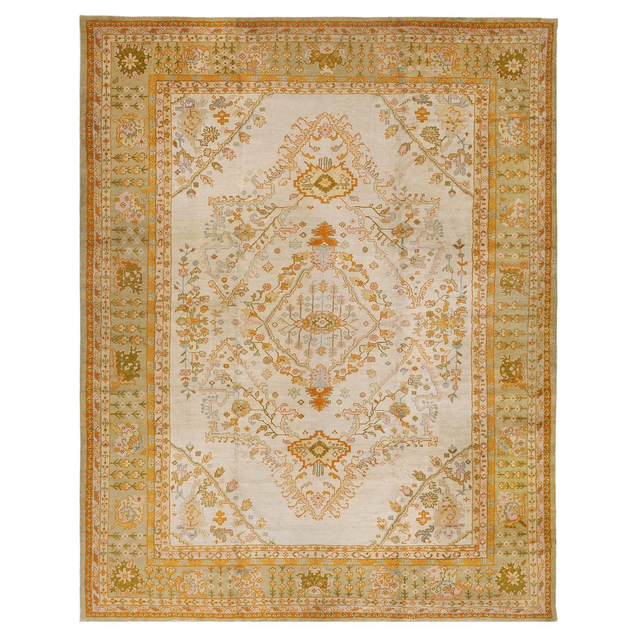 Oversized Hand-knotted Wool Antique Floral Turkish Oushak Rug For Sale