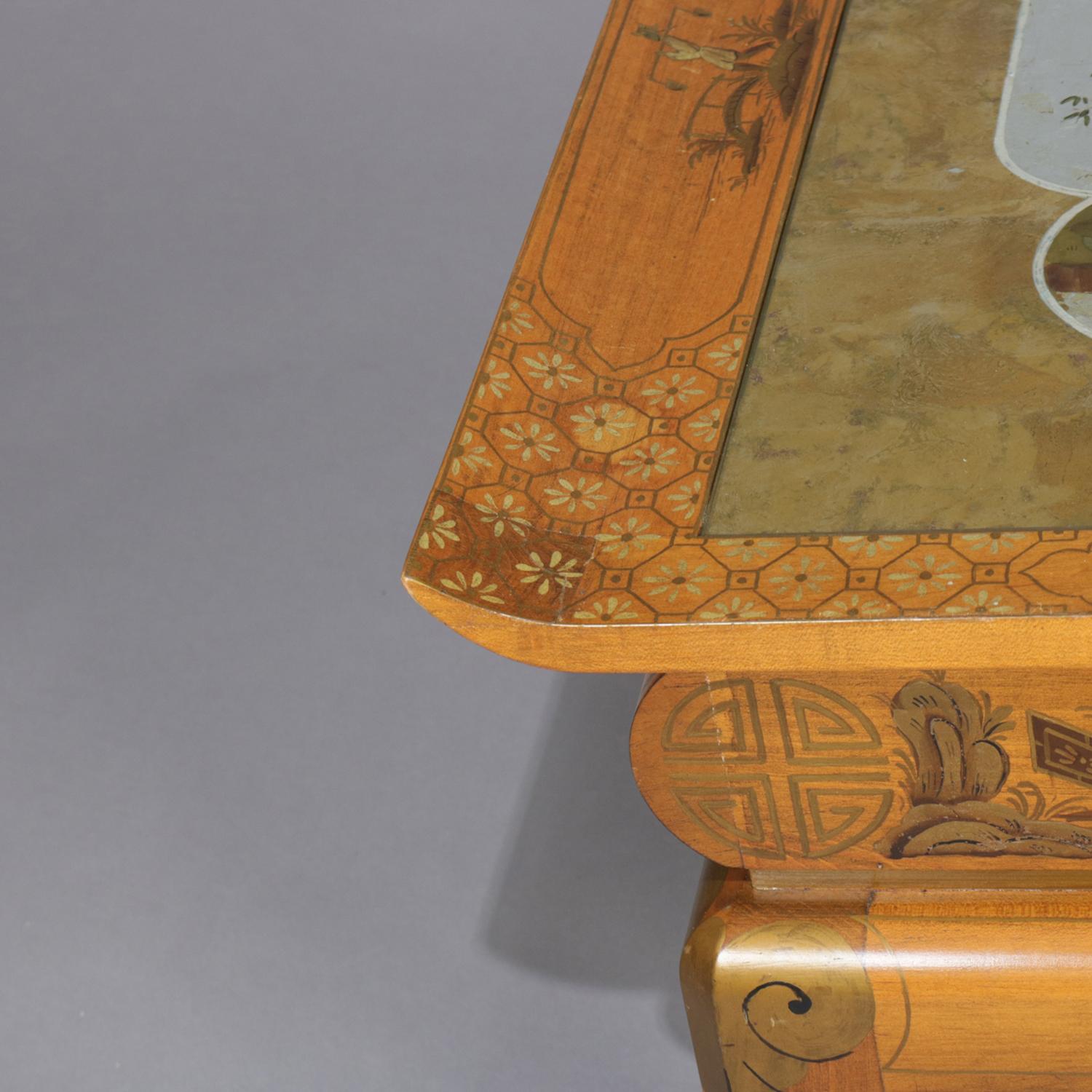 Oversized Hand-Painted and Gilt Pictorial Chinoiserie Coffee Table, circa 1940 For Sale 5