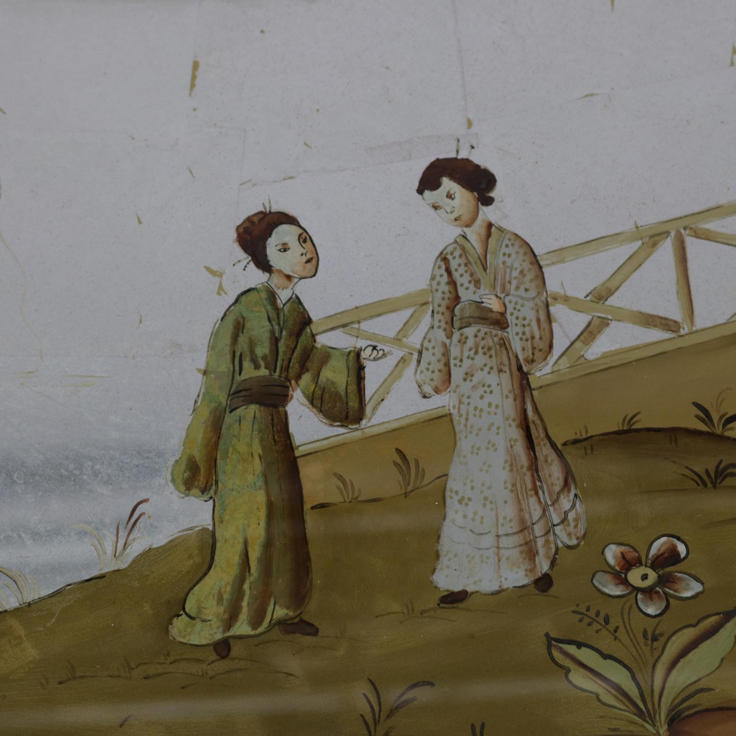 European Oversized Hand-Painted and Gilt Pictorial Chinoiserie Coffee Table, circa 1940 For Sale