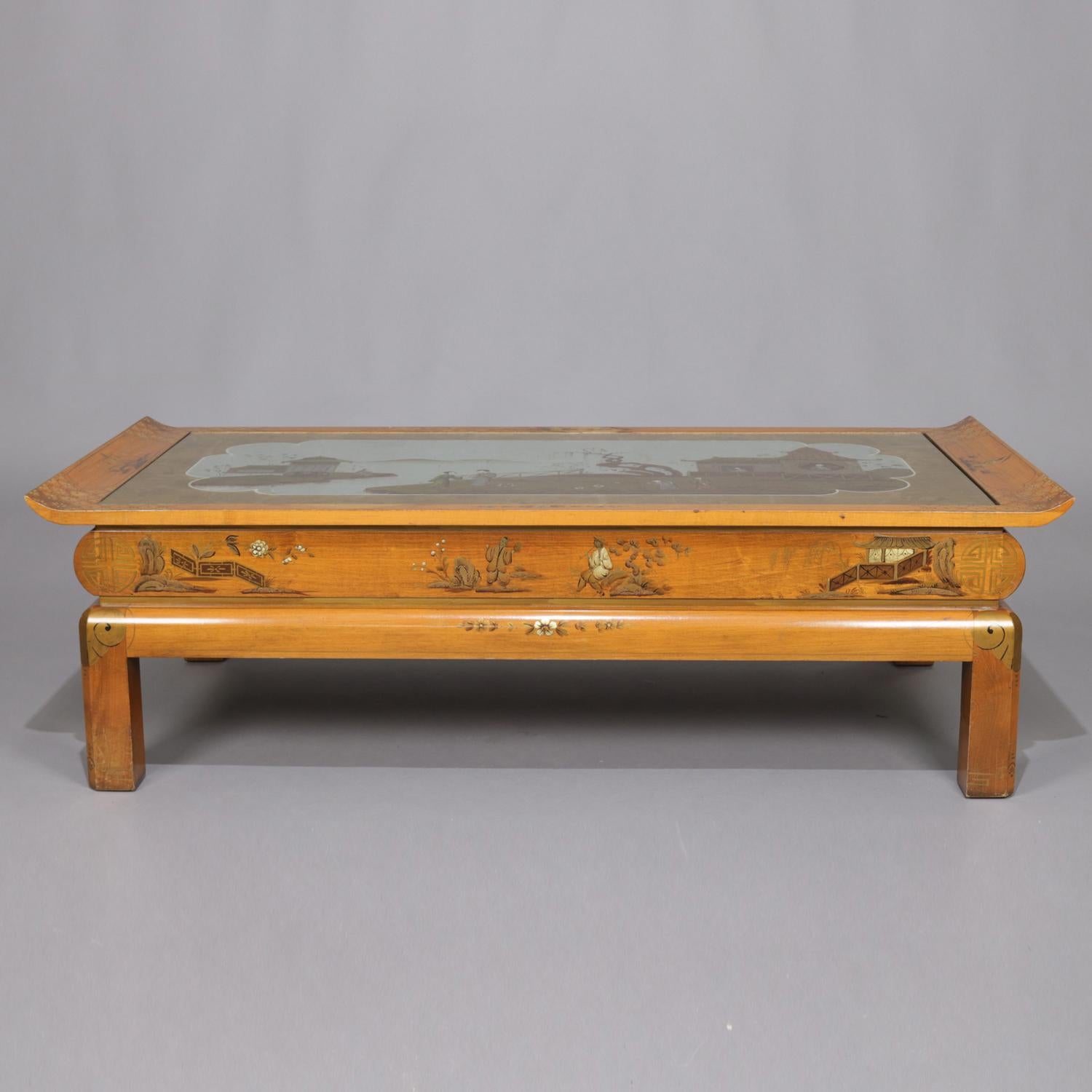 Oversized Hand-Painted and Gilt Pictorial Chinoiserie Coffee Table, circa 1940 In Good Condition For Sale In Big Flats, NY