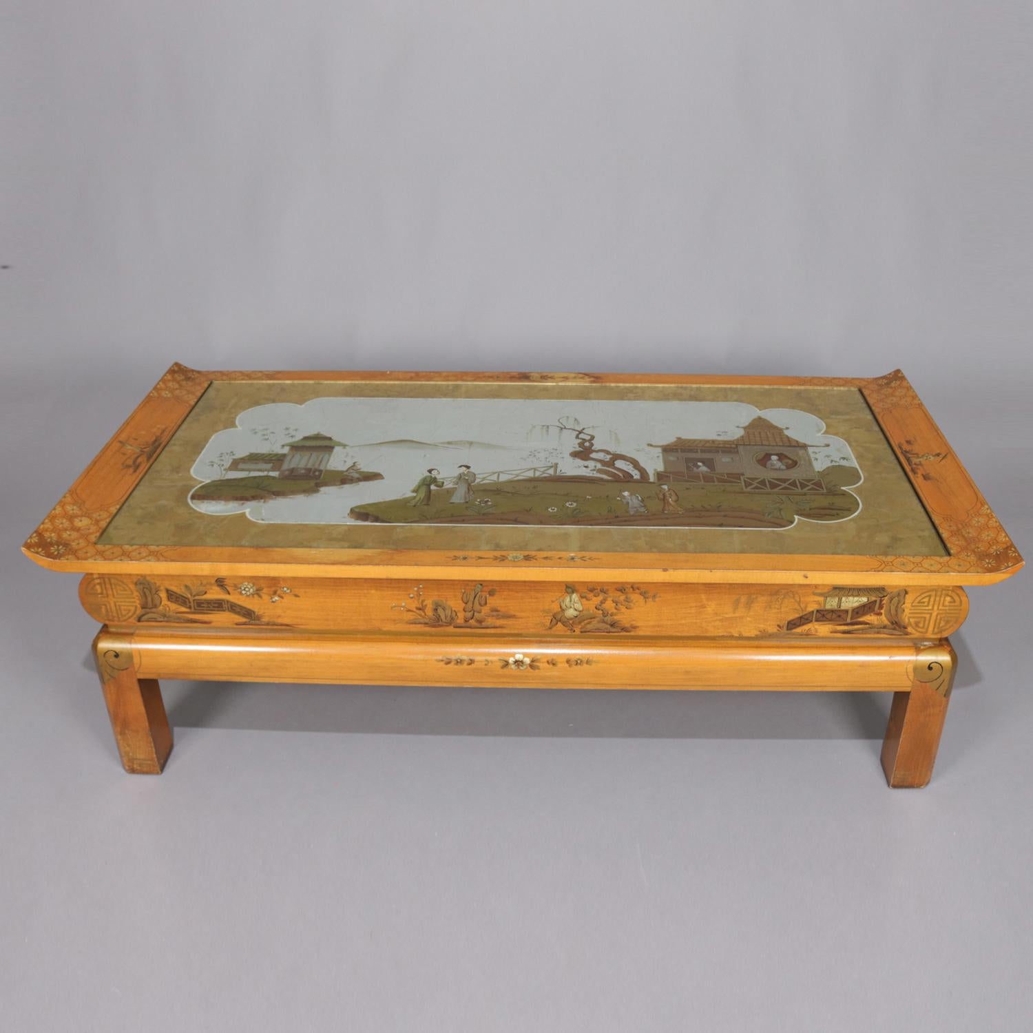 20th Century Oversized Hand-Painted and Gilt Pictorial Chinoiserie Coffee Table, circa 1940 For Sale
