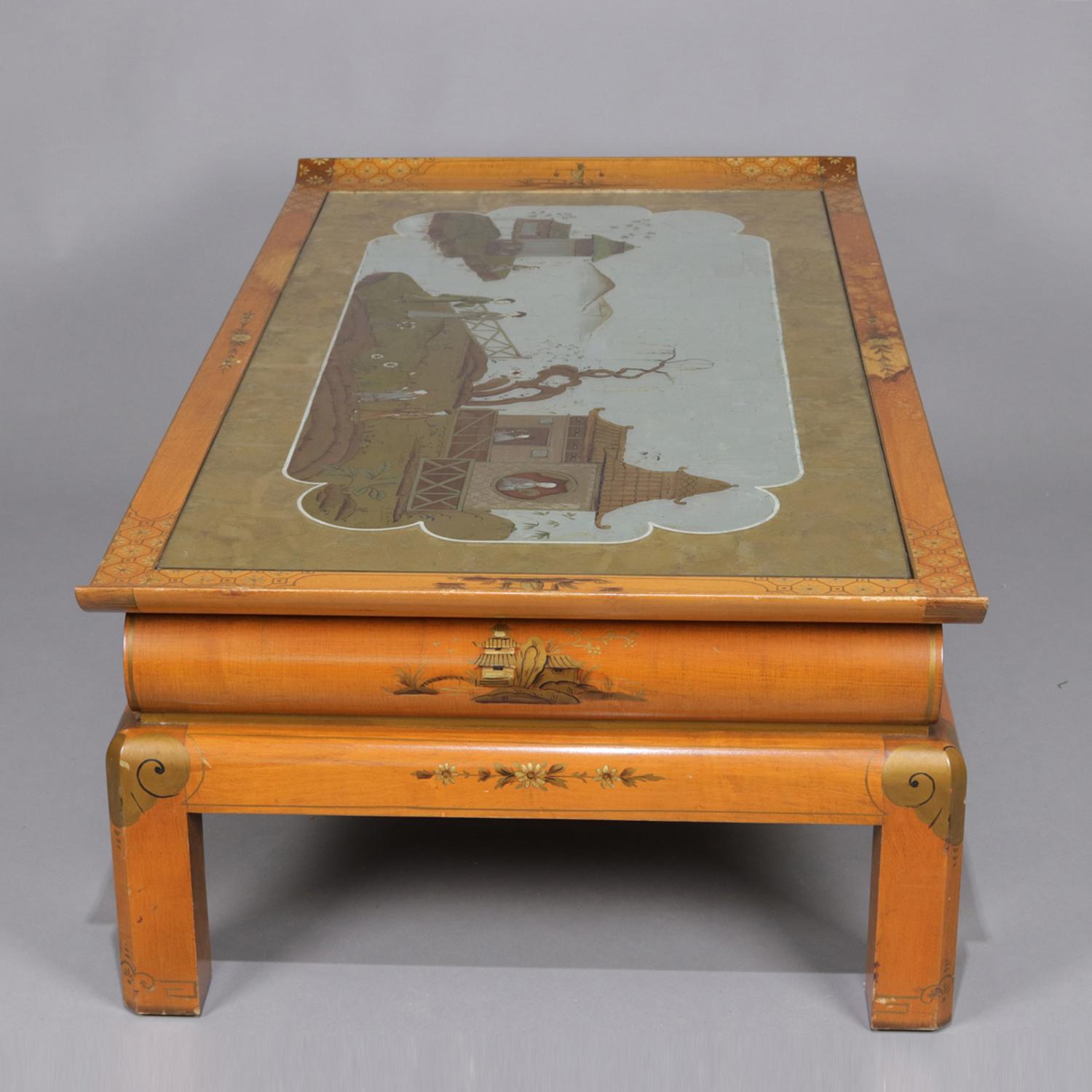 Wood Oversized Hand-Painted and Gilt Pictorial Chinoiserie Coffee Table, circa 1940 For Sale