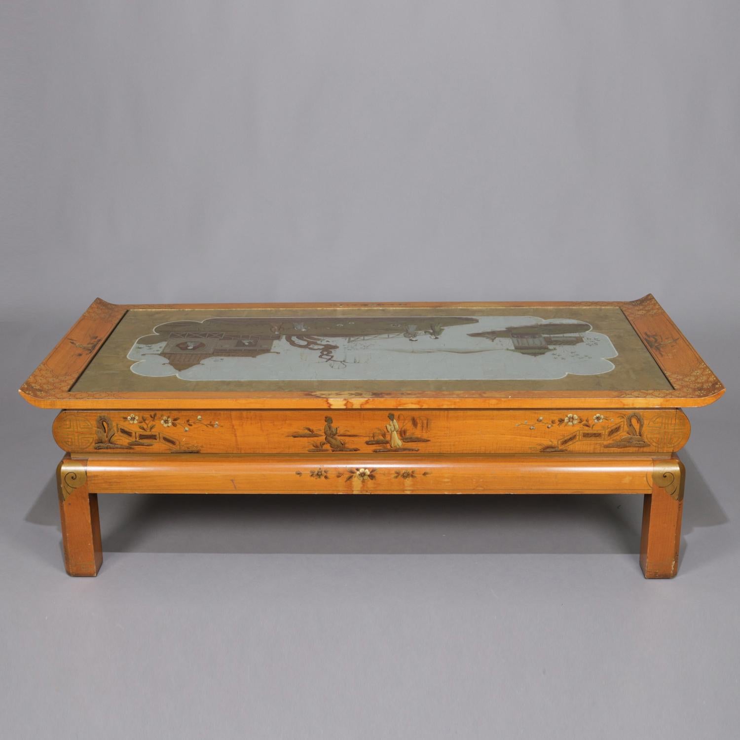 Oversized Hand-Painted and Gilt Pictorial Chinoiserie Coffee Table, circa 1940 For Sale 1