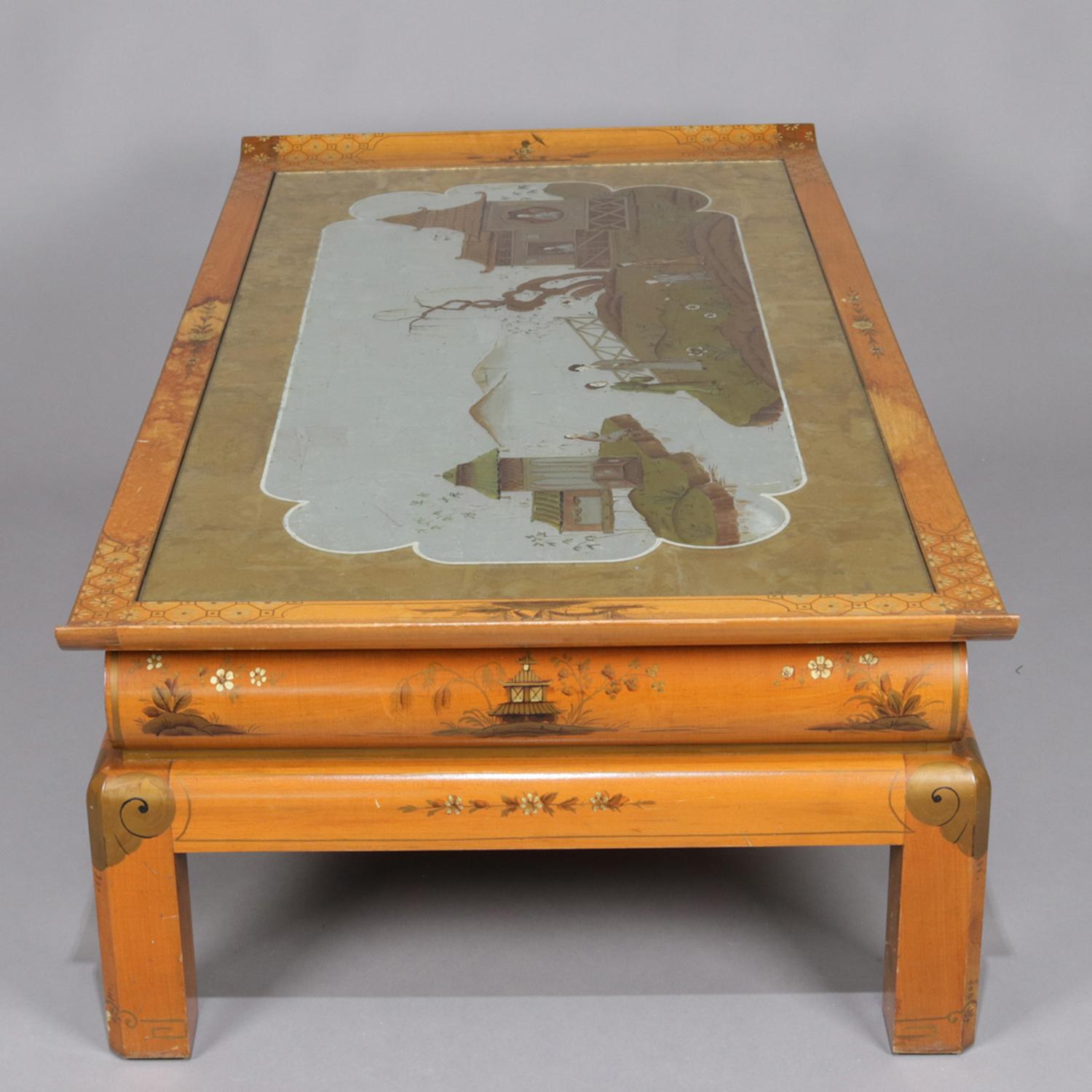 Oversized Hand-Painted and Gilt Pictorial Chinoiserie Coffee Table, circa 1940 For Sale 2