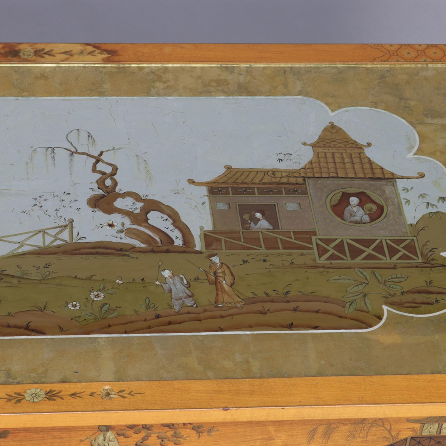 Oversized Hand-Painted and Gilt Pictorial Chinoiserie Coffee Table, circa 1940 For Sale 3