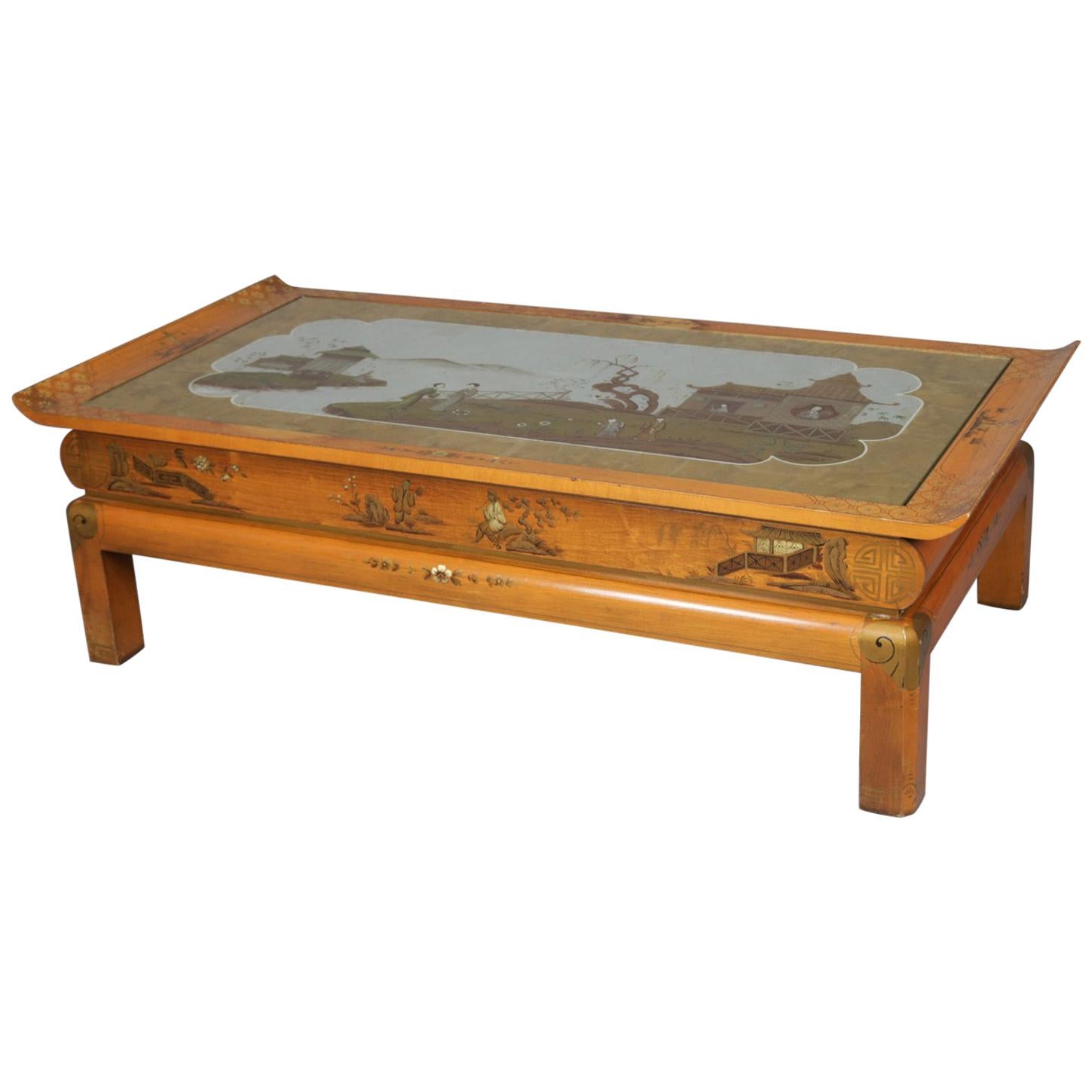 Oversized Hand-Painted and Gilt Pictorial Chinoiserie Coffee Table, circa 1940 For Sale