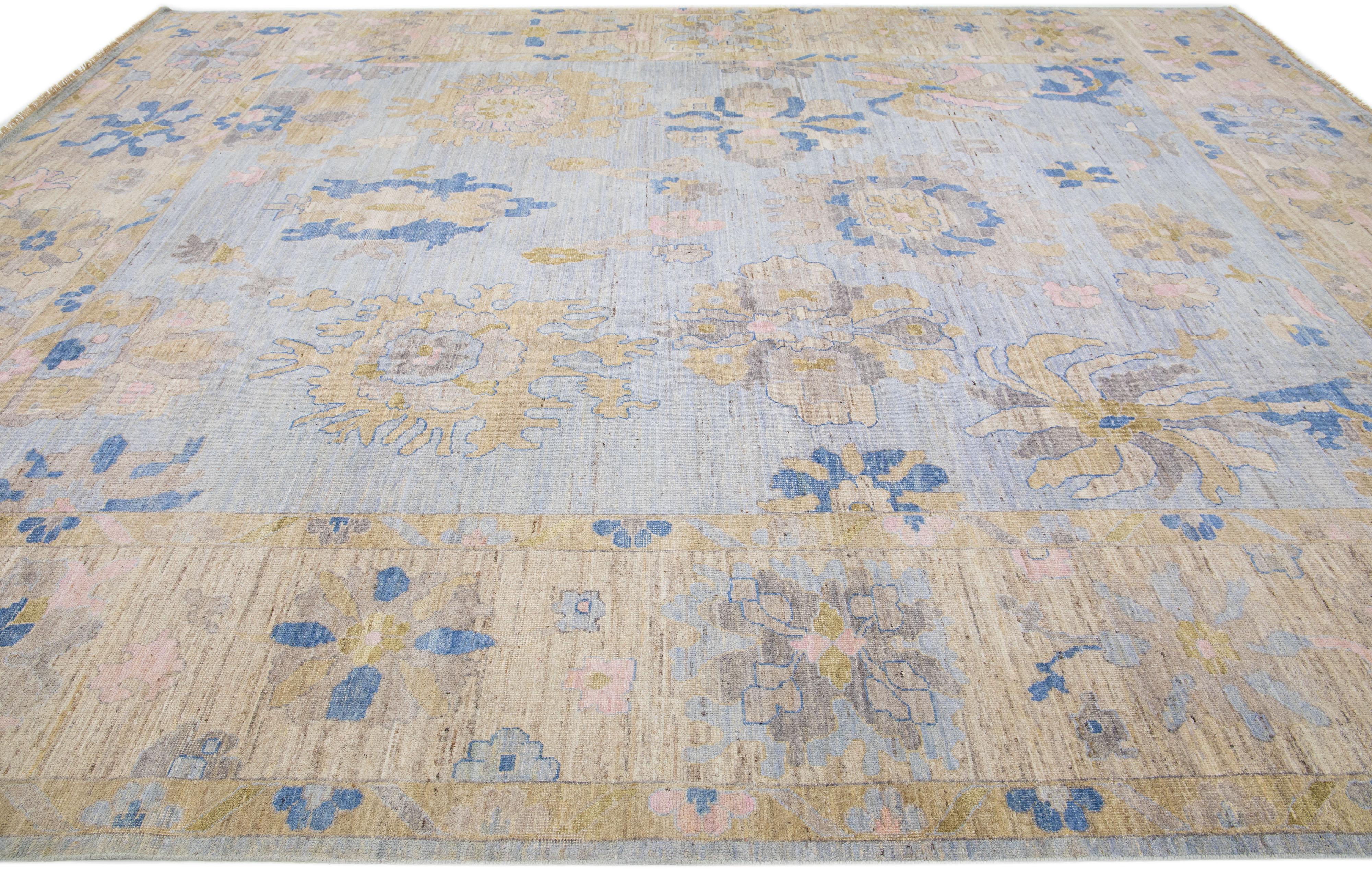 Hand-Knotted Oversized Handmade Oushak Style Blue Wool Rug  With Floral Pattern For Sale