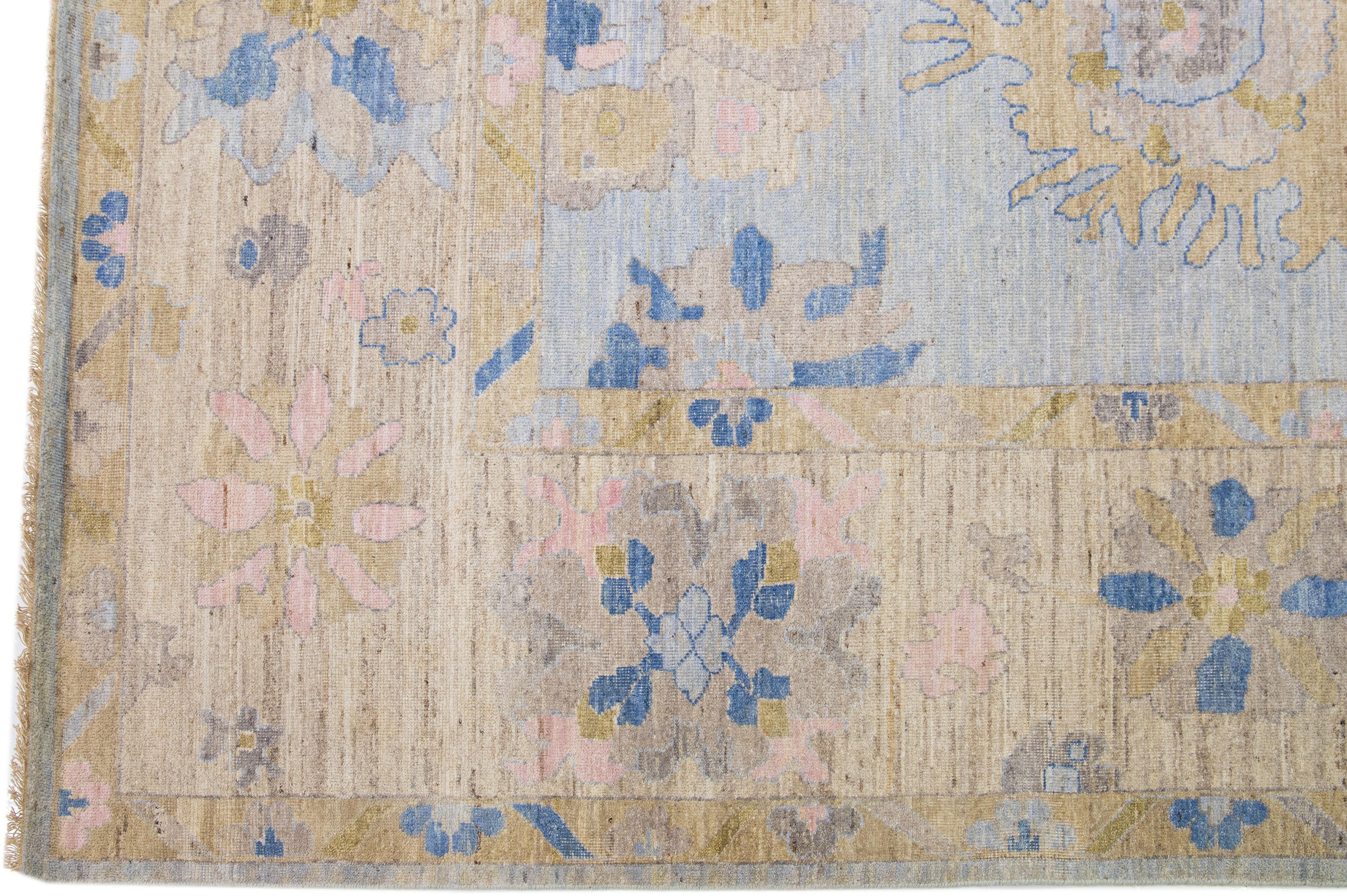 Oversized Handmade Oushak Style Blue Wool Rug  With Floral Pattern In New Condition For Sale In Norwalk, CT