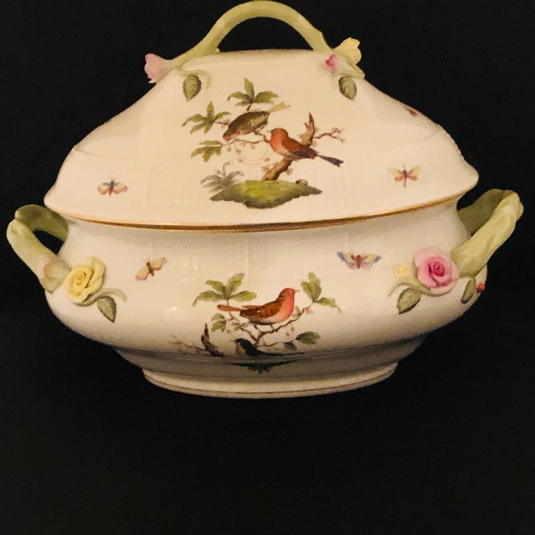 Oversized Herend Rothschild Bird Soup Tureen with Raised Flower Decoration For Sale at 1stDibs