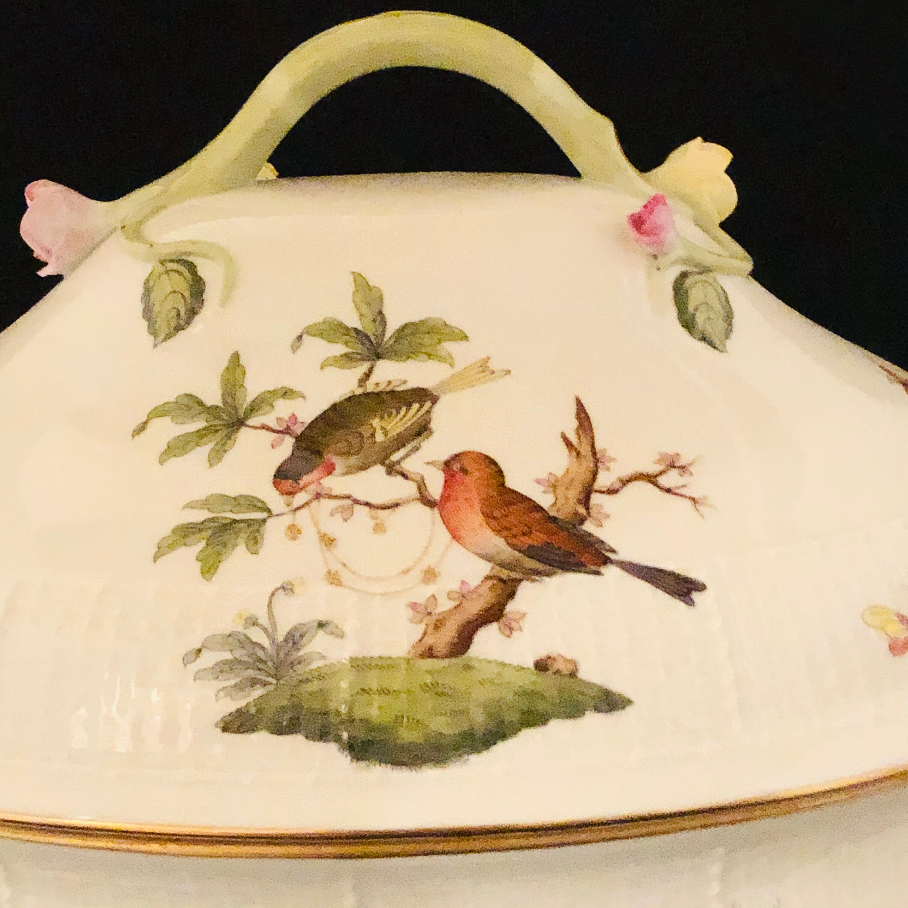 Oversized Herend Rothschild Bird soup tureen with tree branched handles and raised flower decoration. It is hand painted with different bird paintings on either side of the bottom of the tureen. It is also painted with accents of bugs and