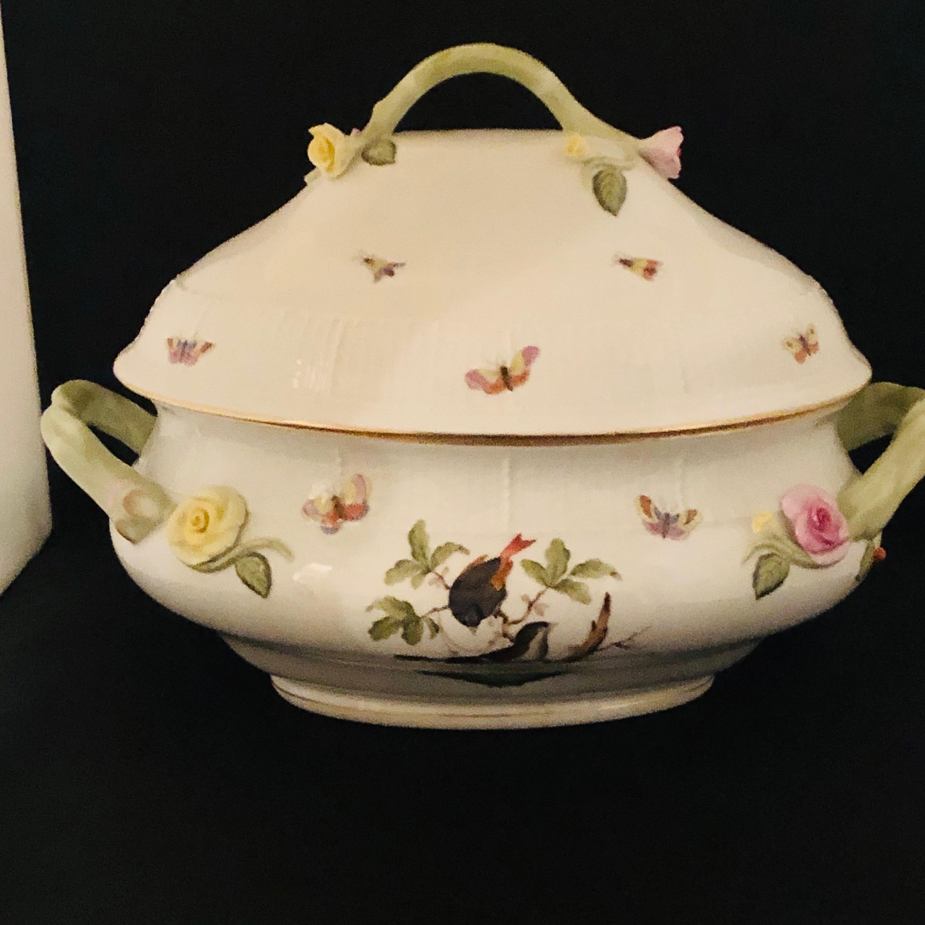 Hungarian Oversized Herend Rothschild Bird Soup Tureen with Raised Flower Decoration