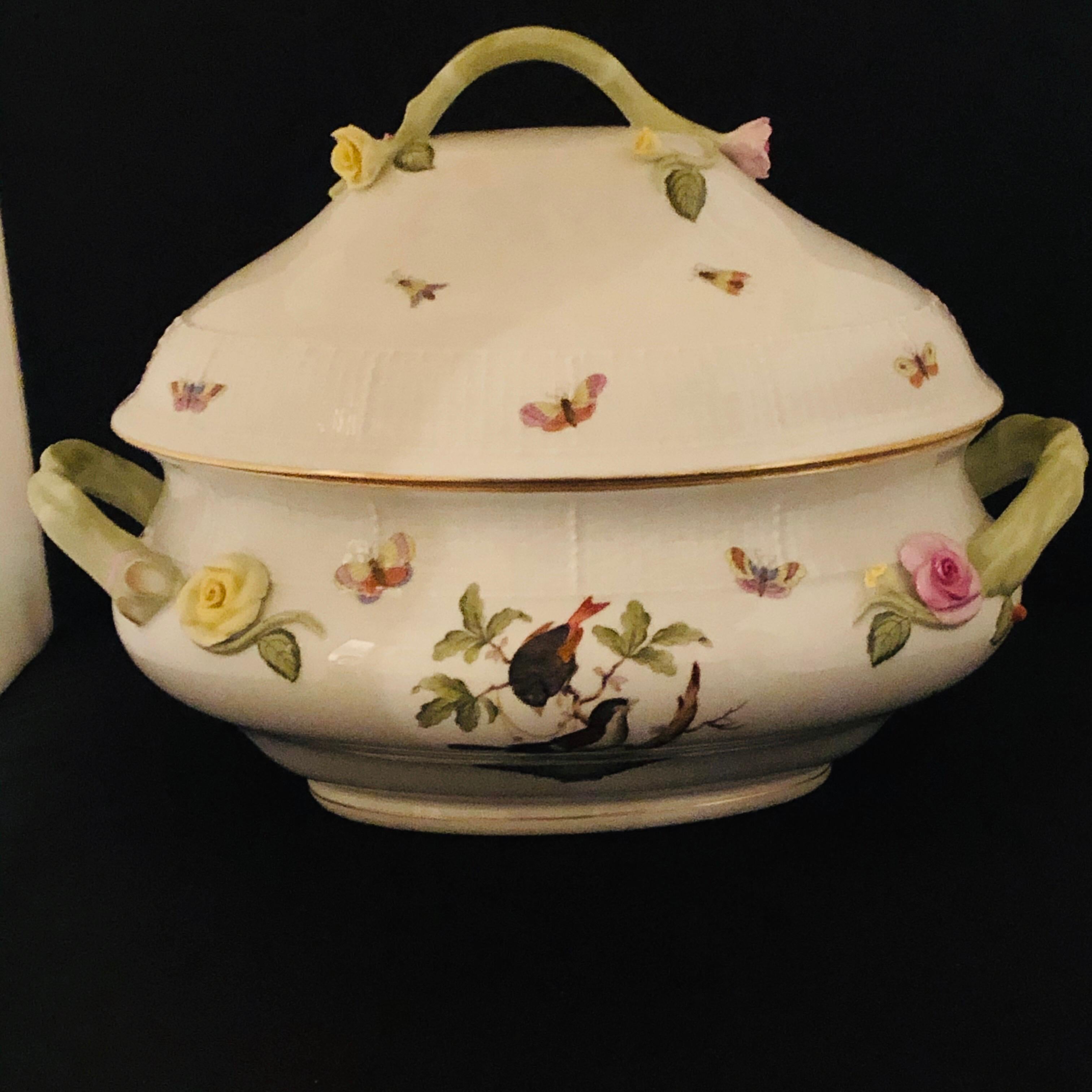 Hand-Painted Oversized Herend Rothschild Bird Soup Tureen with Raised Flower Decoration