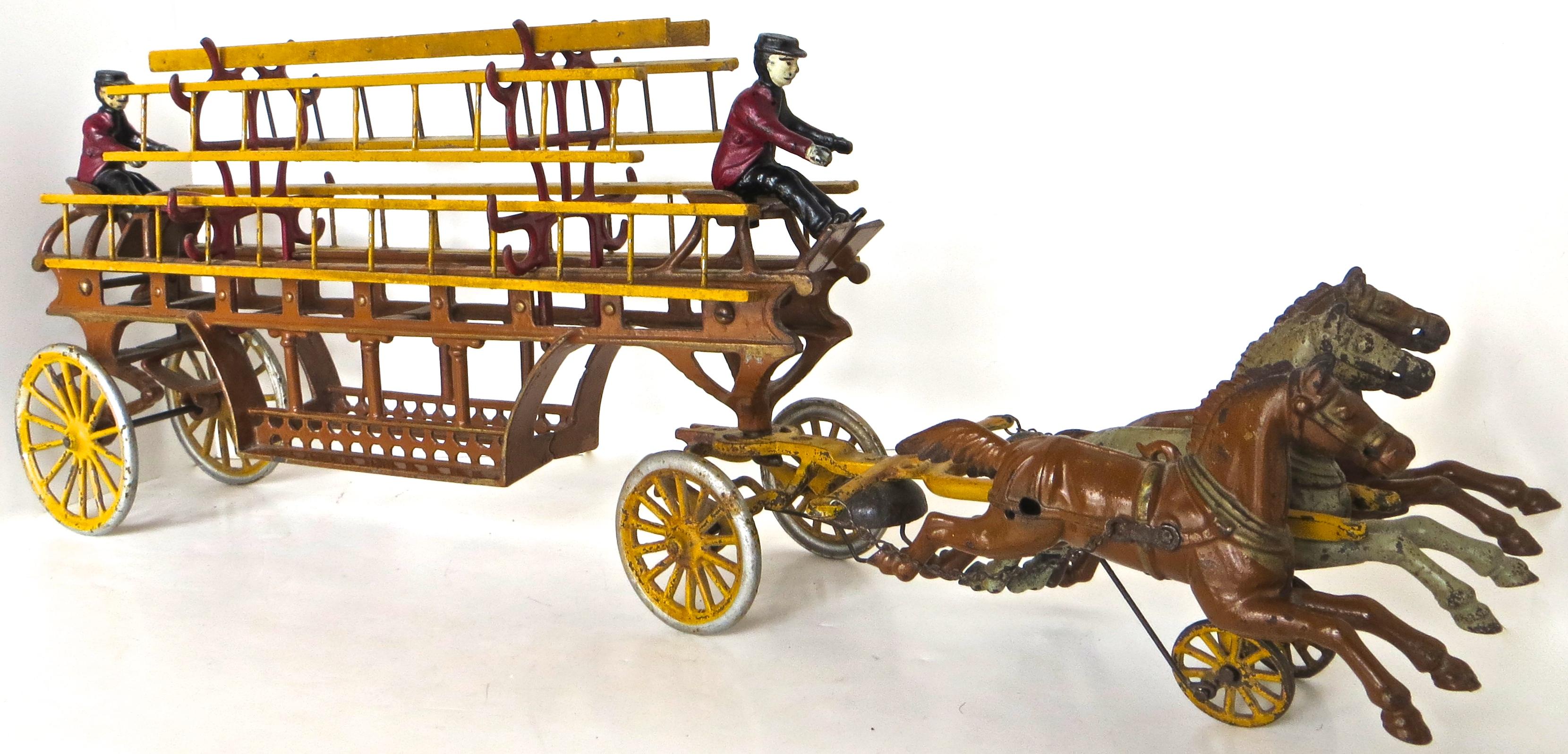 An opportunity to purchase a special, spectacular, one of a kind condition, three horse drawn fire engine ladder truck, with horses in full gallop, in realistic articulated motion when pulled or pushed along the floor; manufactured by The Dent