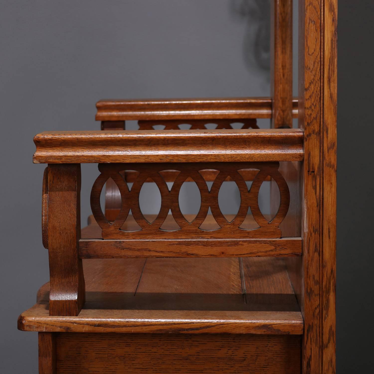 Metal Oversized Horner School Carved Oak Lift Seat and Mirrored Hall Tree, circa 1910