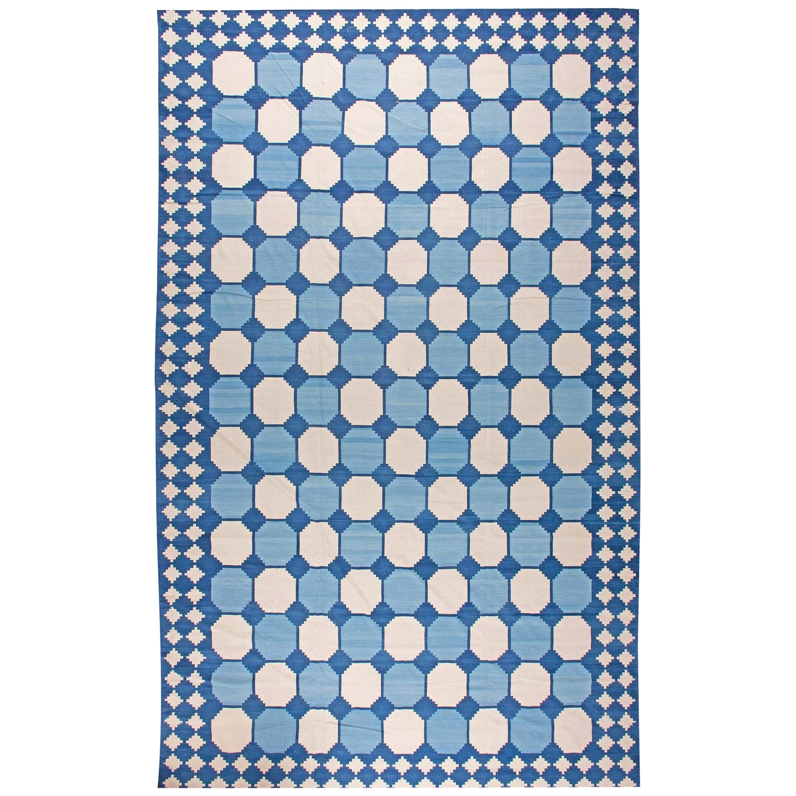 blue and white dhurrie rug at 1stDibs