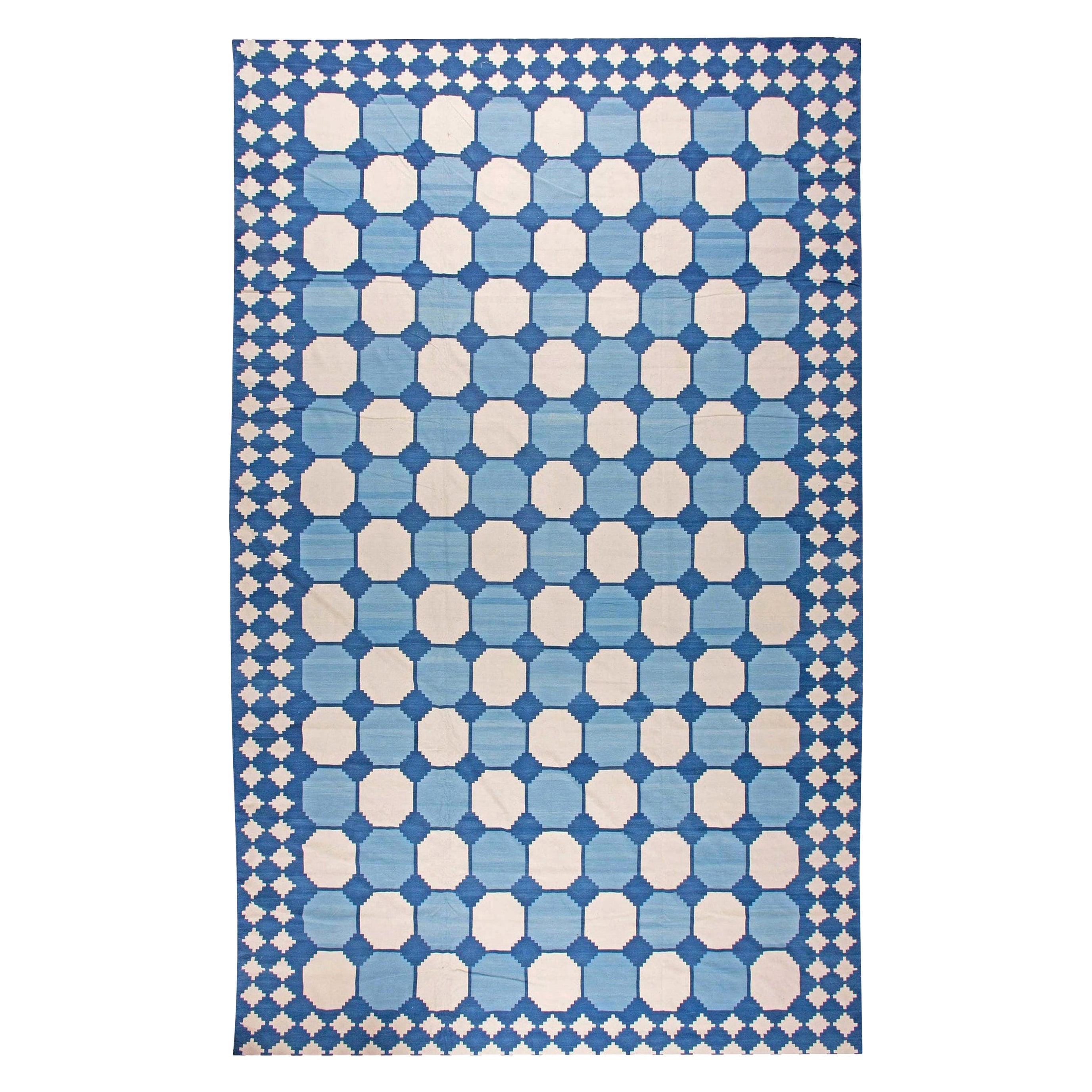 Oversized Indian Dhurrie Blue White Beige Handmade Rug by Doris Leslie Blau
