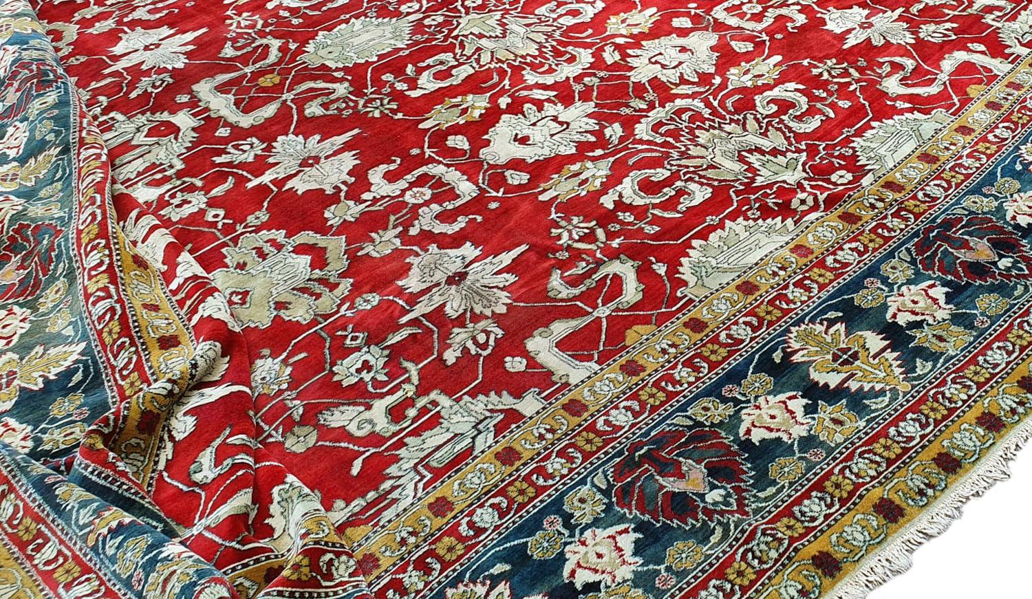 Hand-Knotted Oversized Indian Red & Green Wool Agra Palace Carpet, 19th Century For Sale