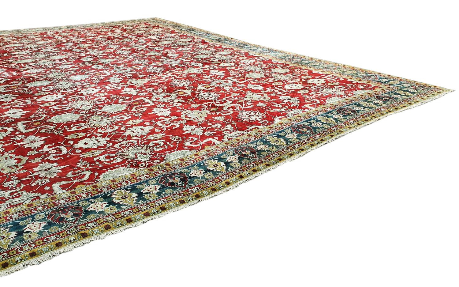 Oversized Indian Red & Green Wool Agra Palace Carpet, 19th Century For Sale 1