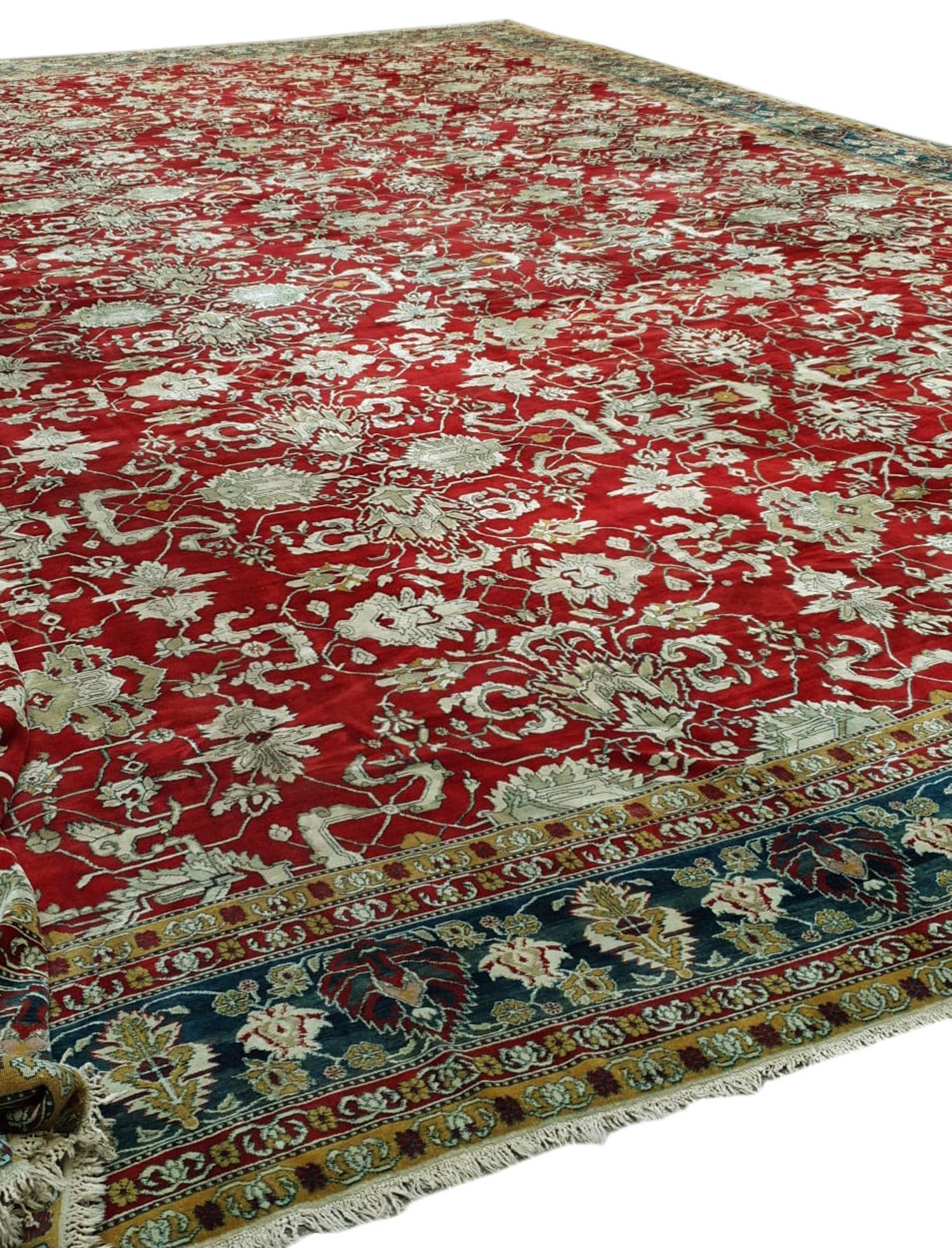 Oversized Indian Red & Green Wool Agra Palace Carpet, 19th Century For Sale 2