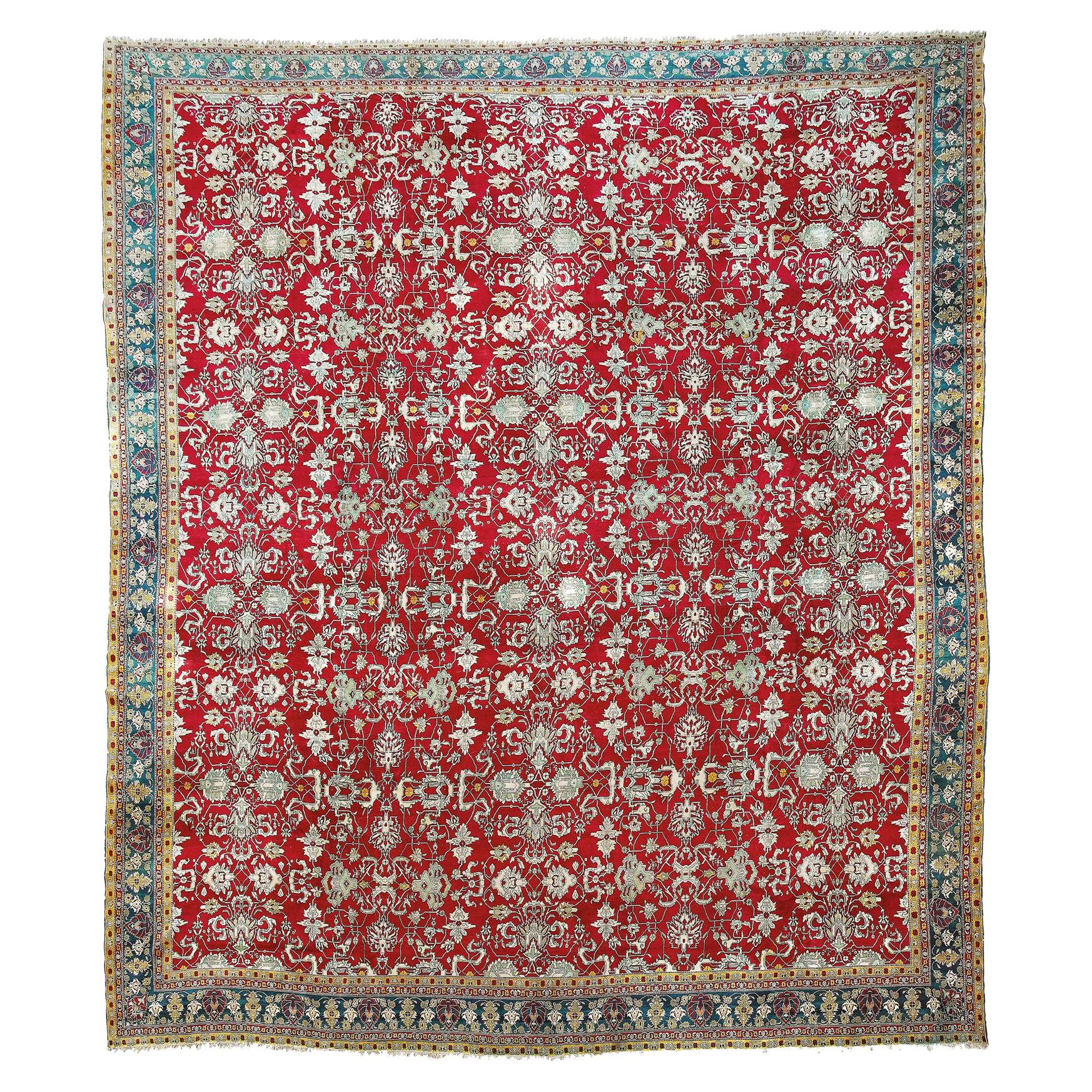 Oversized Indian Red & Green Wool Agra Palace Carpet, 19th Century For Sale