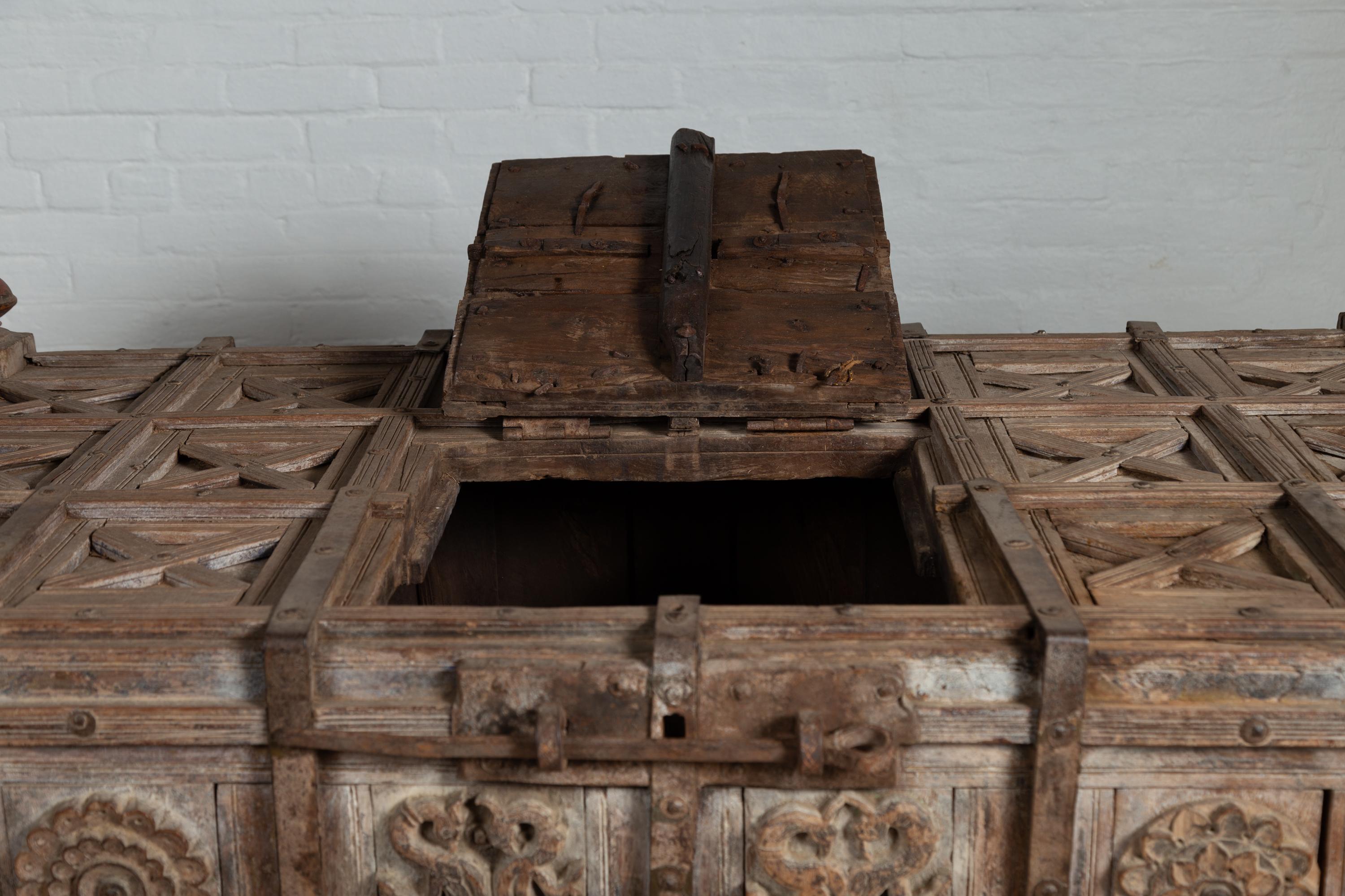 Oversized Indian Treasure Chest with Raised X Patterns, Rosettes and Animals 11