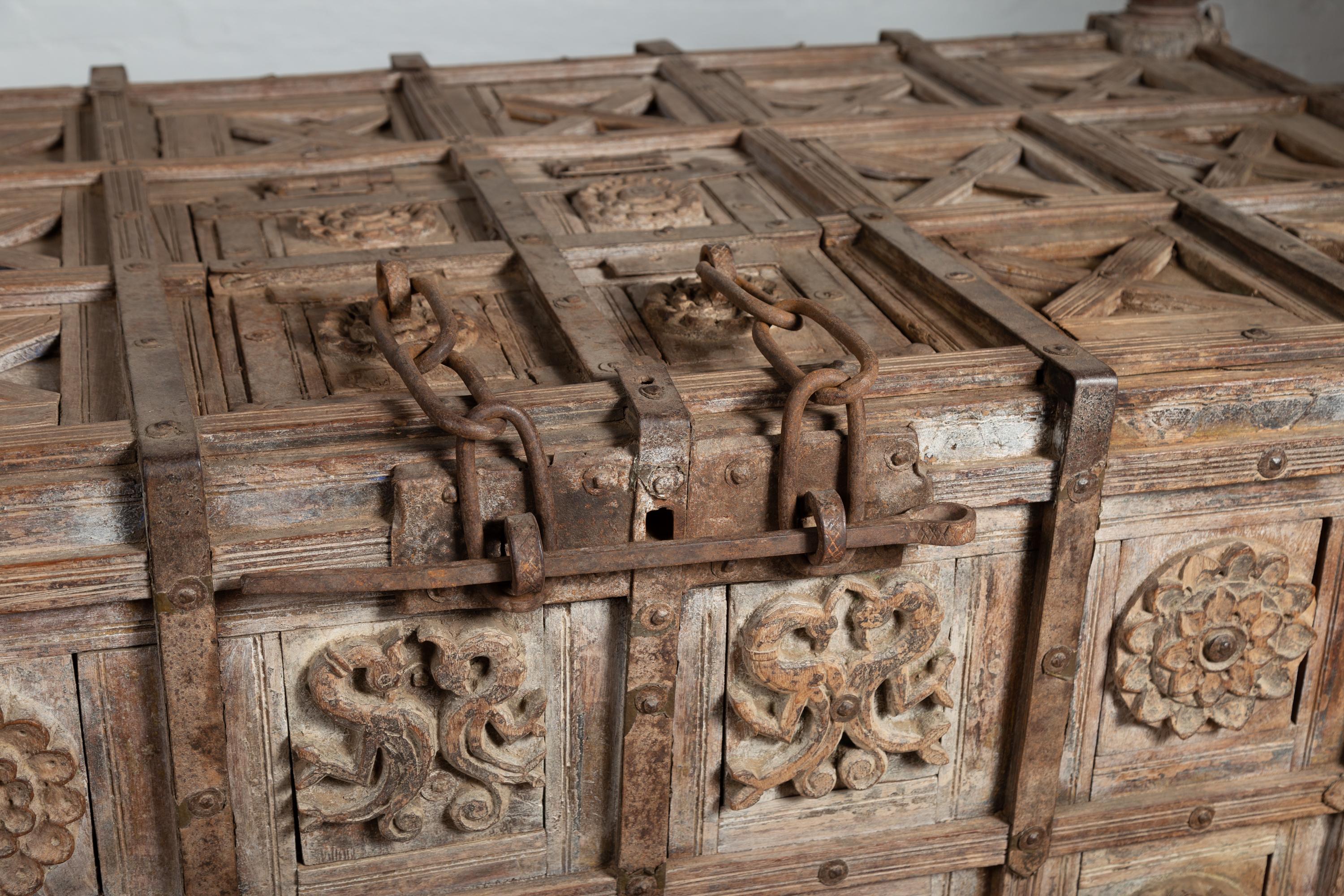 Oversized Indian Treasure Chest with Raised X Patterns, Rosettes and Animals 13