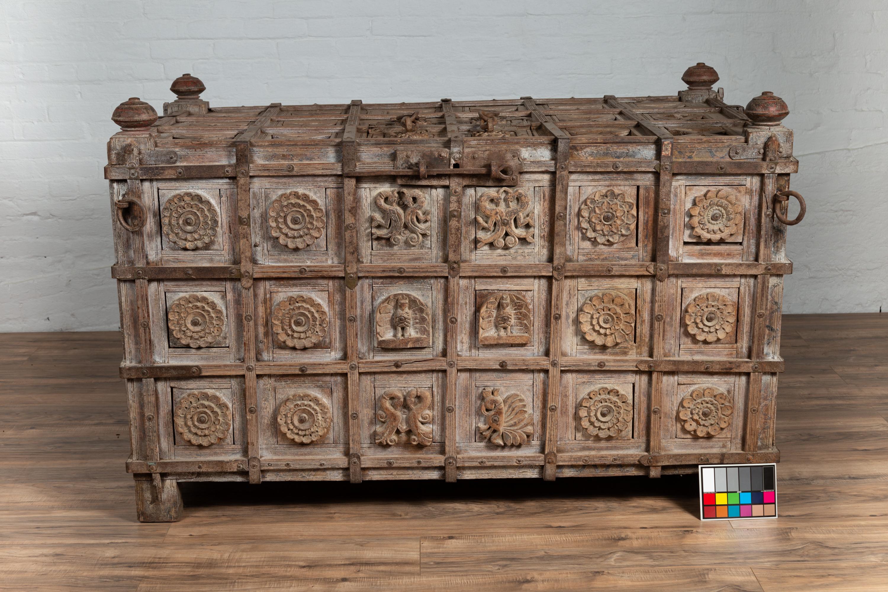 Oversized Indian Treasure Chest with Raised X Patterns, Rosettes and Animals 14