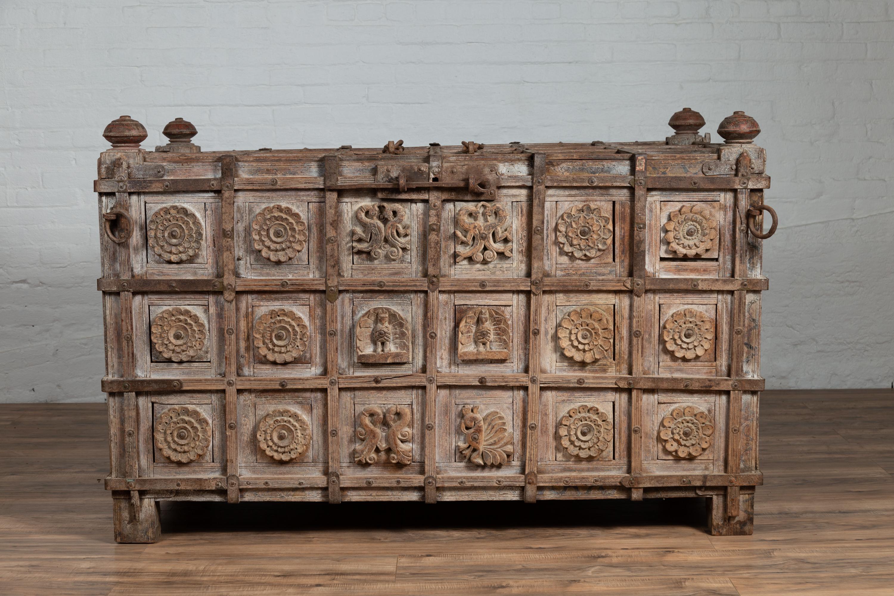 Oversized Indian Treasure Chest with Raised X Patterns, Rosettes and Animals In Good Condition In Yonkers, NY