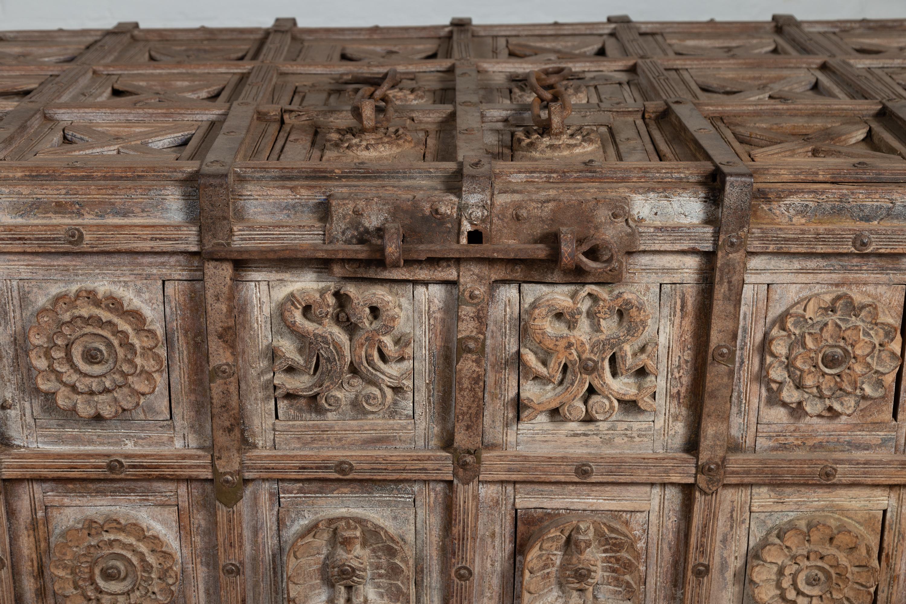 19th Century Oversized Indian Treasure Chest with Raised X Patterns, Rosettes and Animals