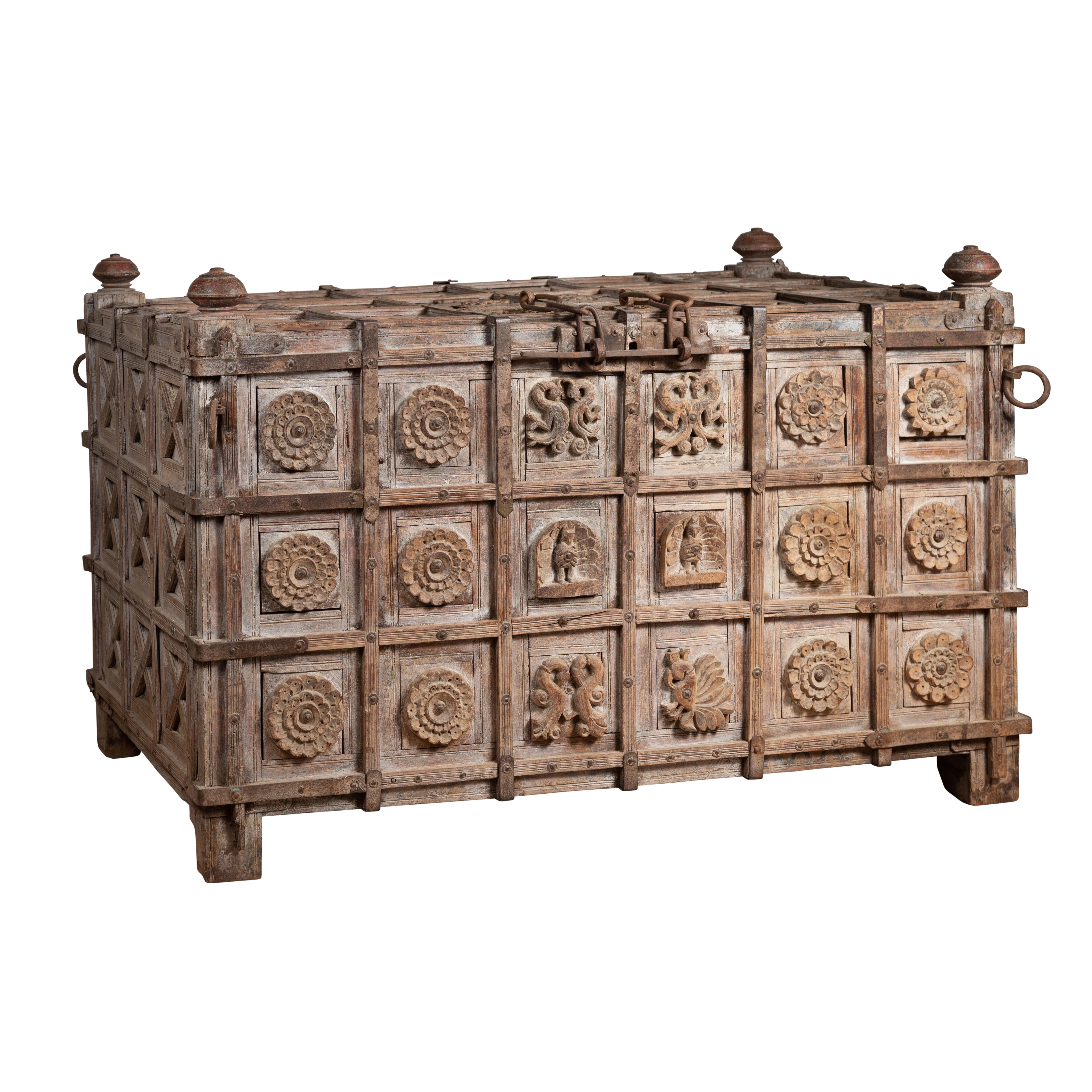 Oversized Indian Treasure Chest with Raised X Patterns, Rosettes and Animals