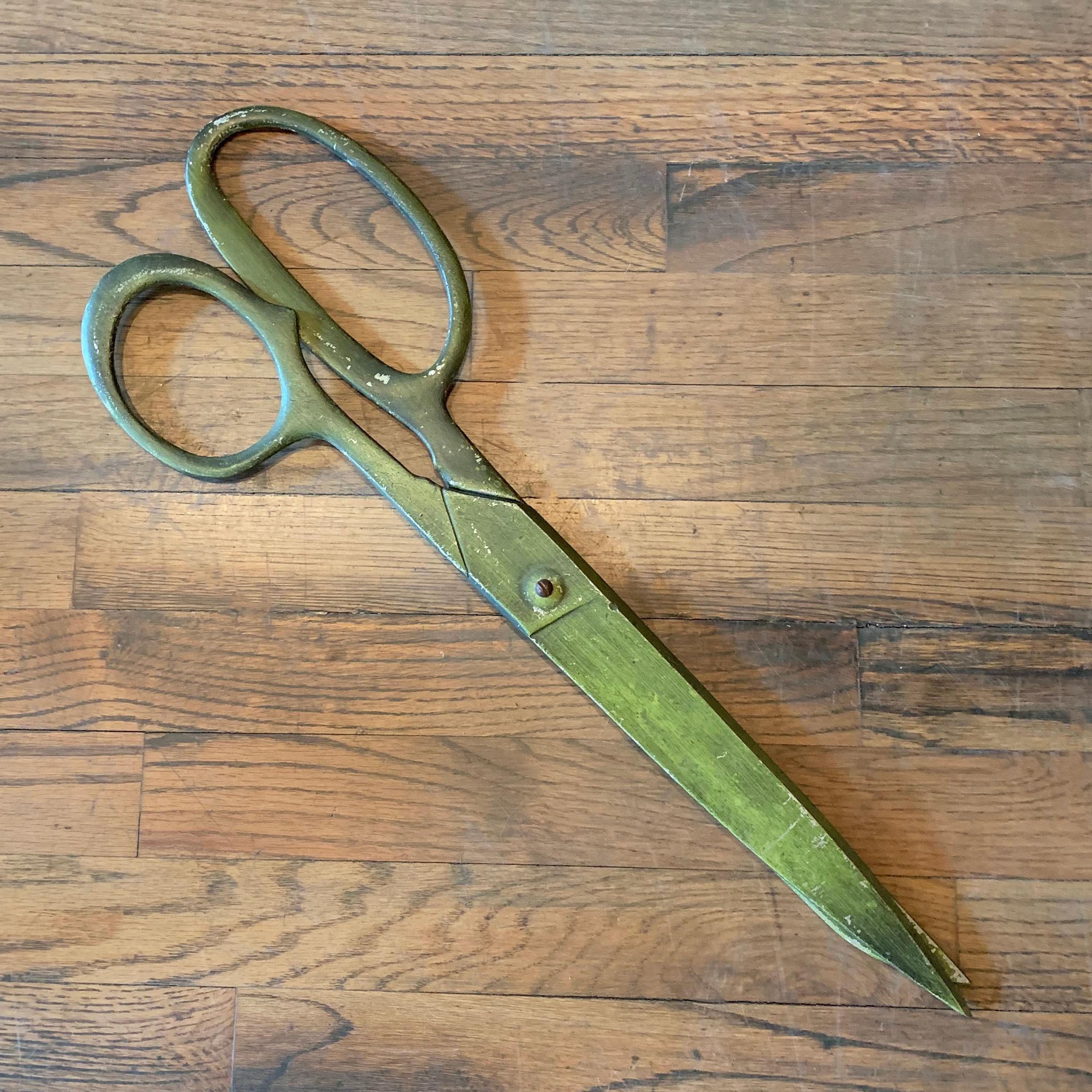 Midcentury, oversized, advertising, store display, painted aluminum scissors open and close as real scissors. Makes a great, rustic, folk art piece or wall art.