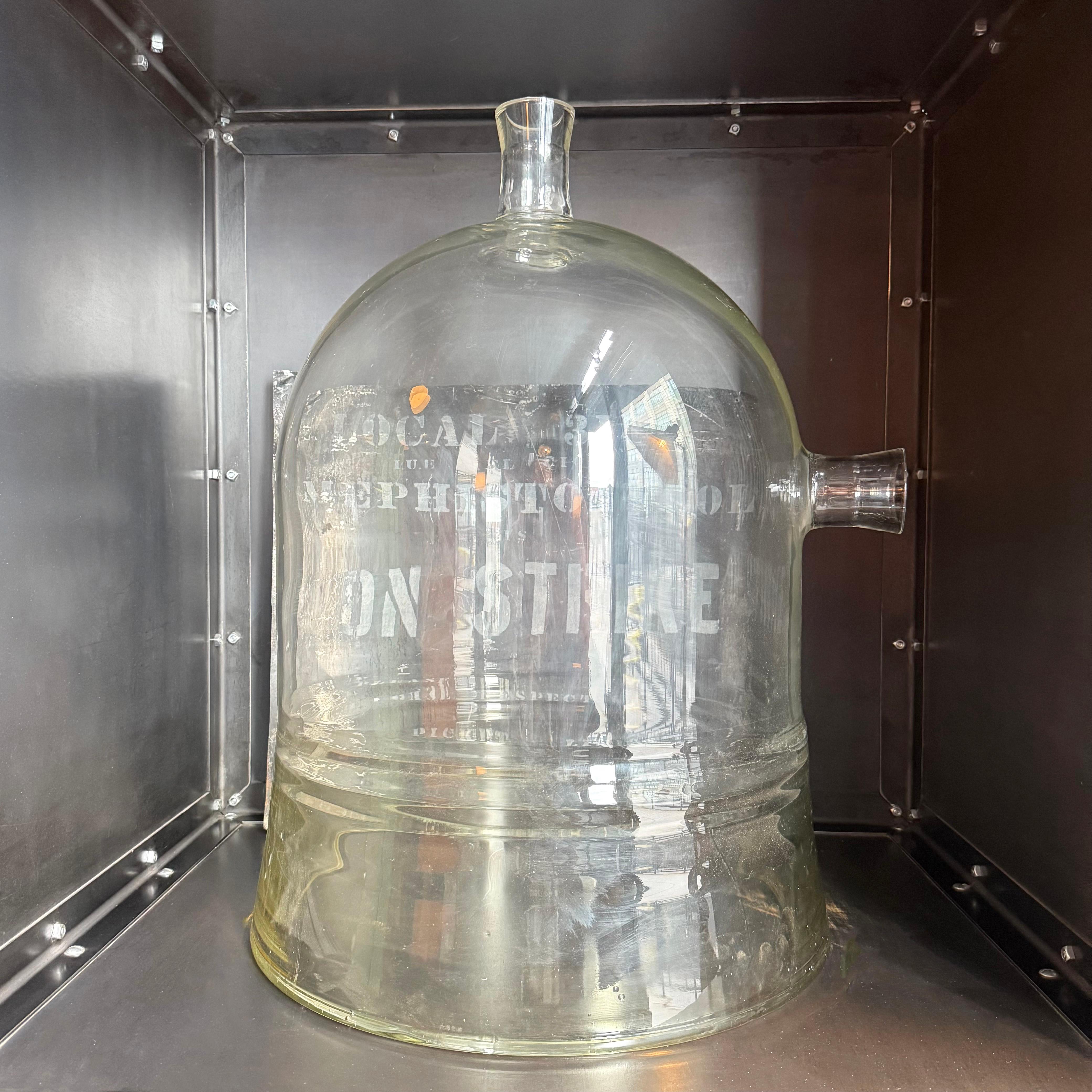 American Oversized Industrial Pyrex Glass Bell Jar With Small Side Arm For Sale