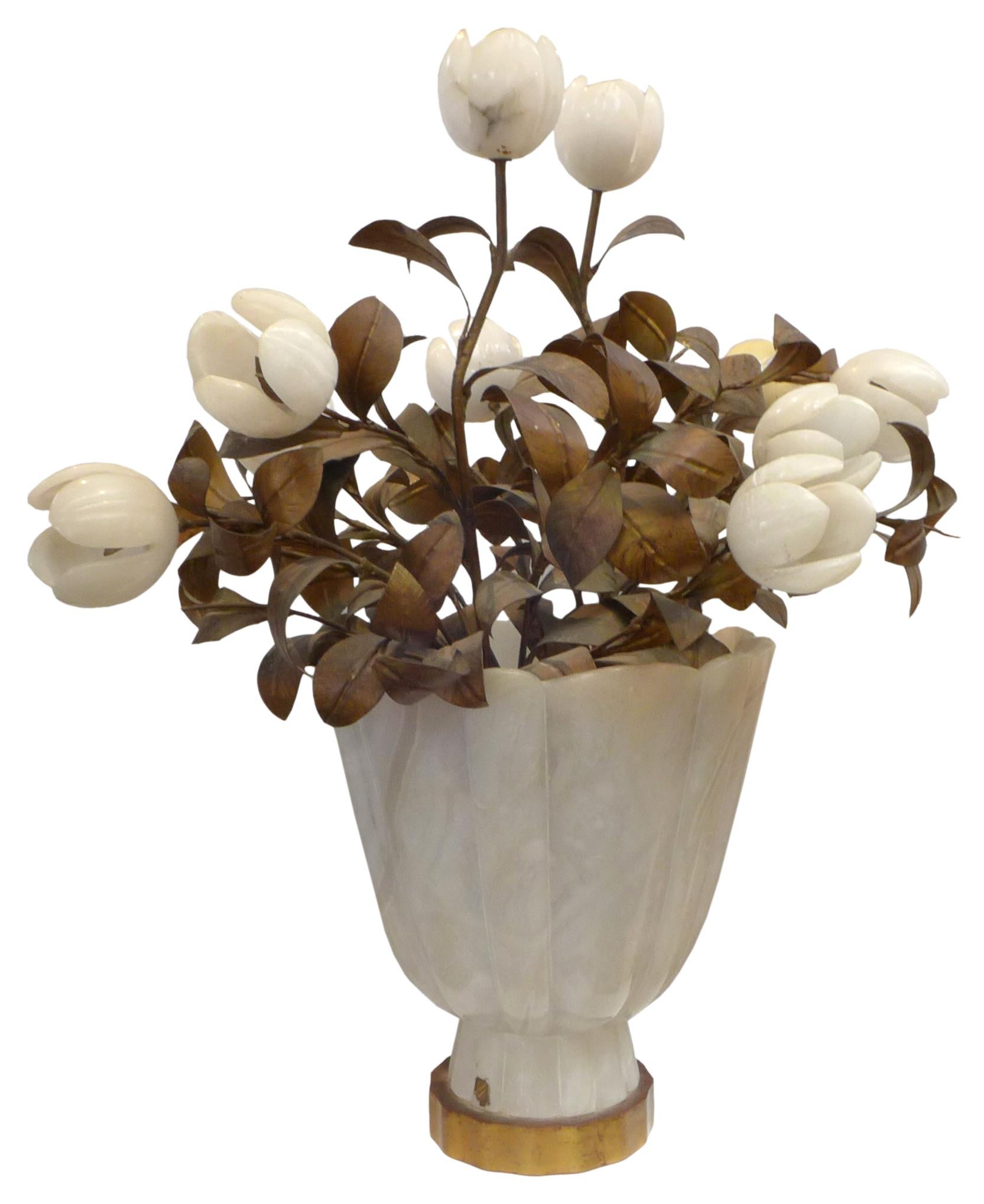 Modern Oversized Italian Alabaster & Brass Illuminated Floral Bouquet For Sale